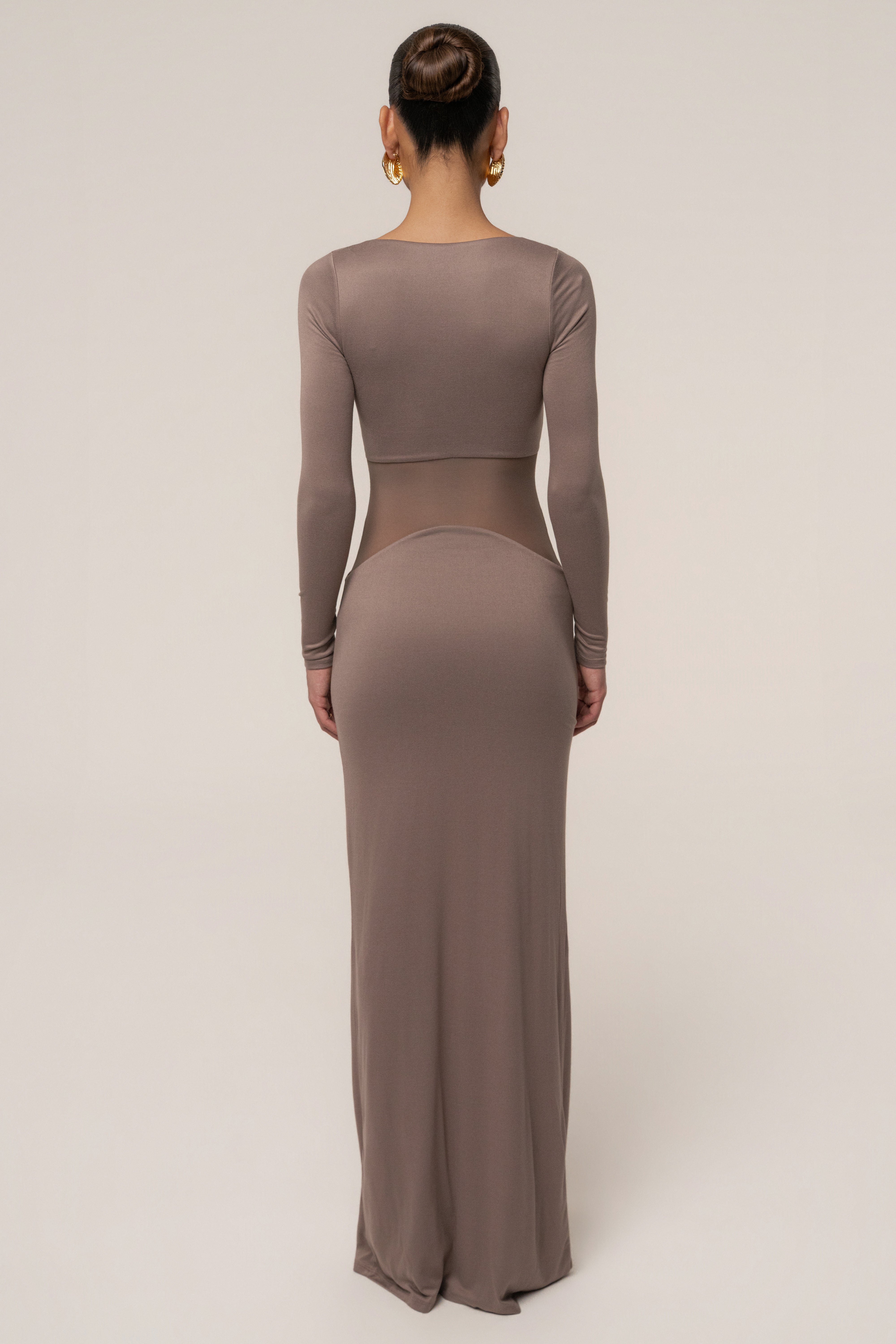 JLUXLABEL Mocha Glitz Hour Maxi Dress, elegant evening dress with shimmering fabric and flowing silhouette, front view.