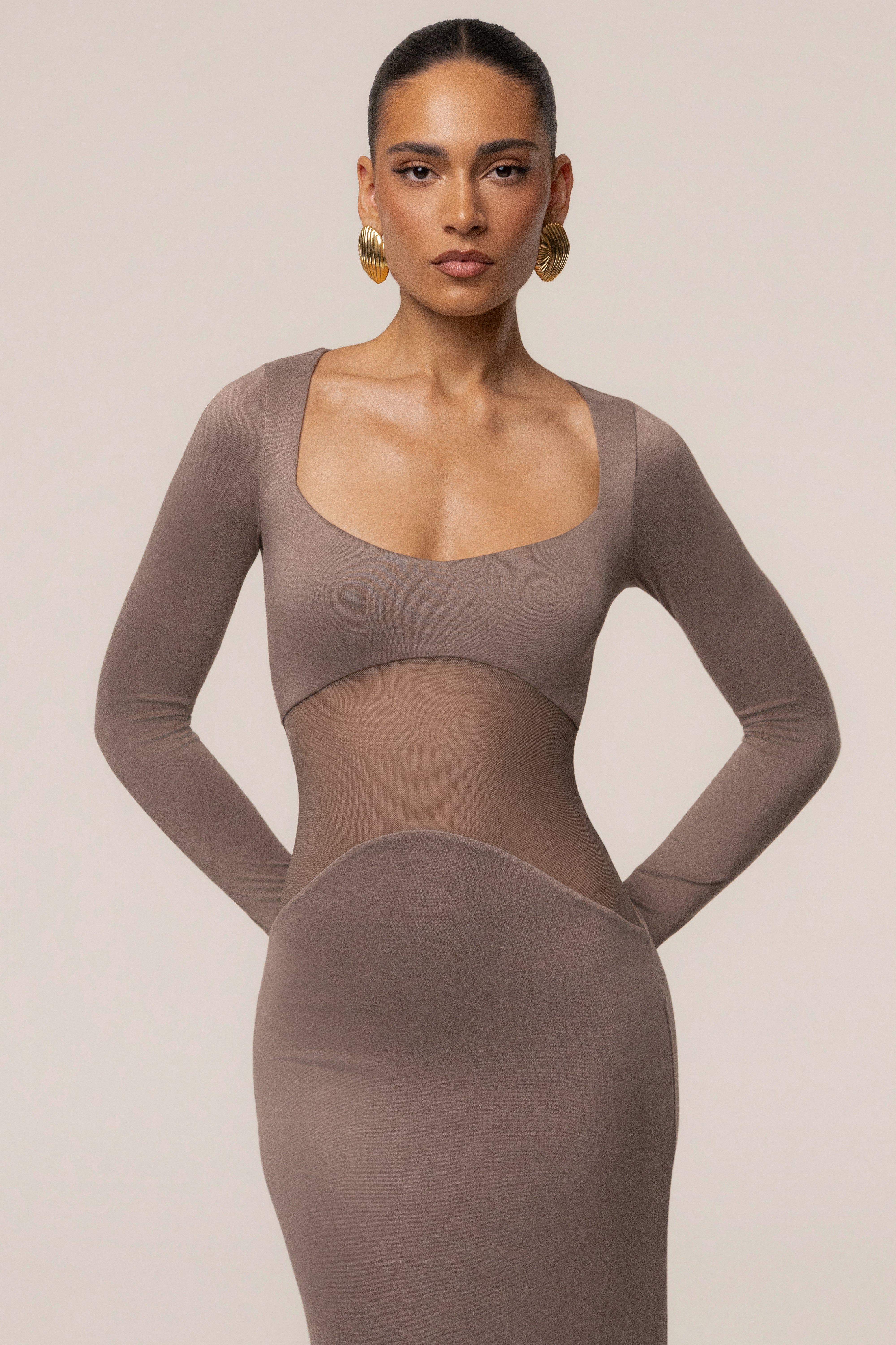 Mocha Glitz Hour Maxi Dress by JLUXLABEL featuring a shimmering fabric and elegant hourglass silhouette.
