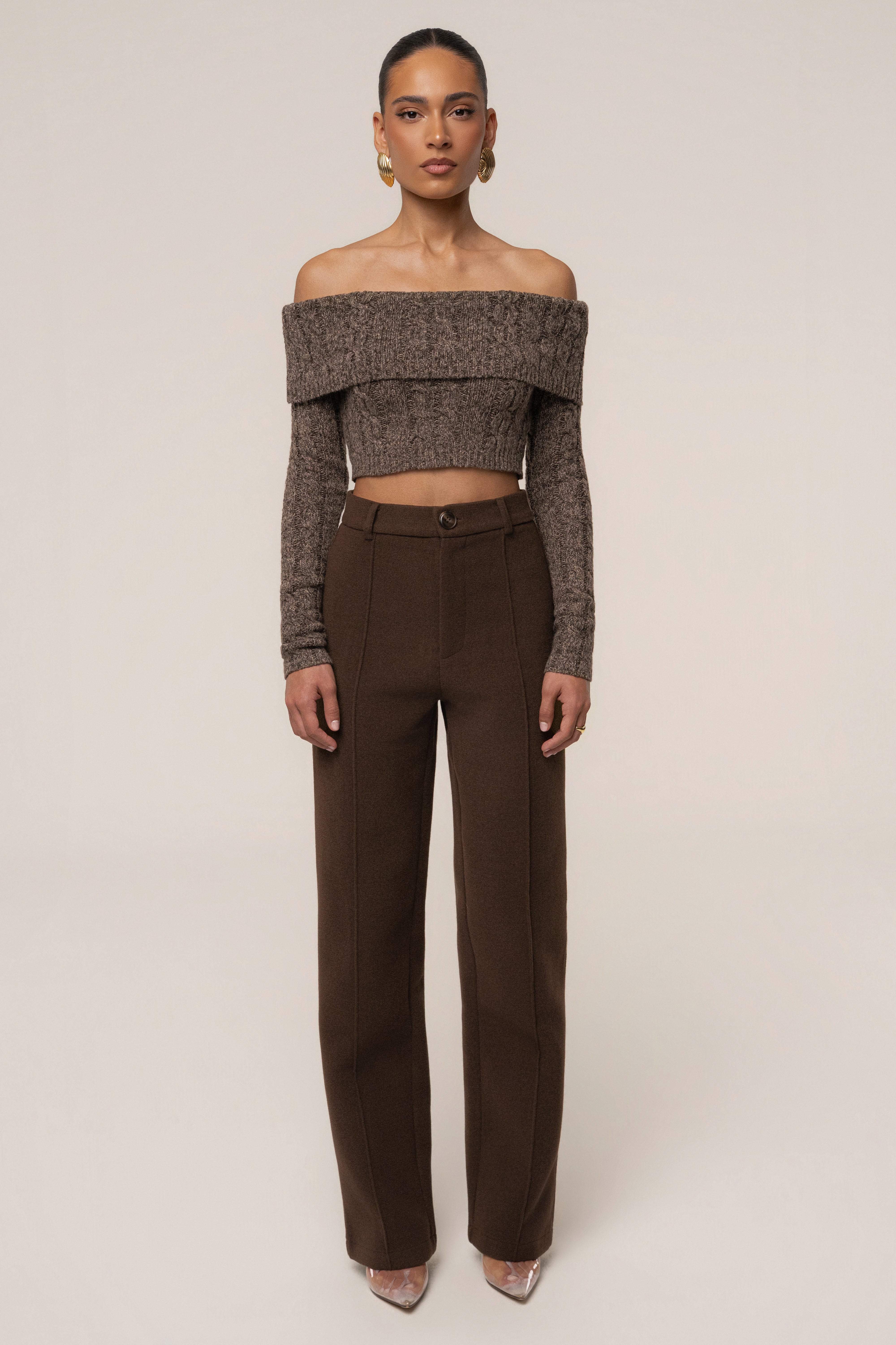 Brown JLUXLABEL Off Duty Sweater Top with long sleeves and relaxed fit, perfect for casual wear.