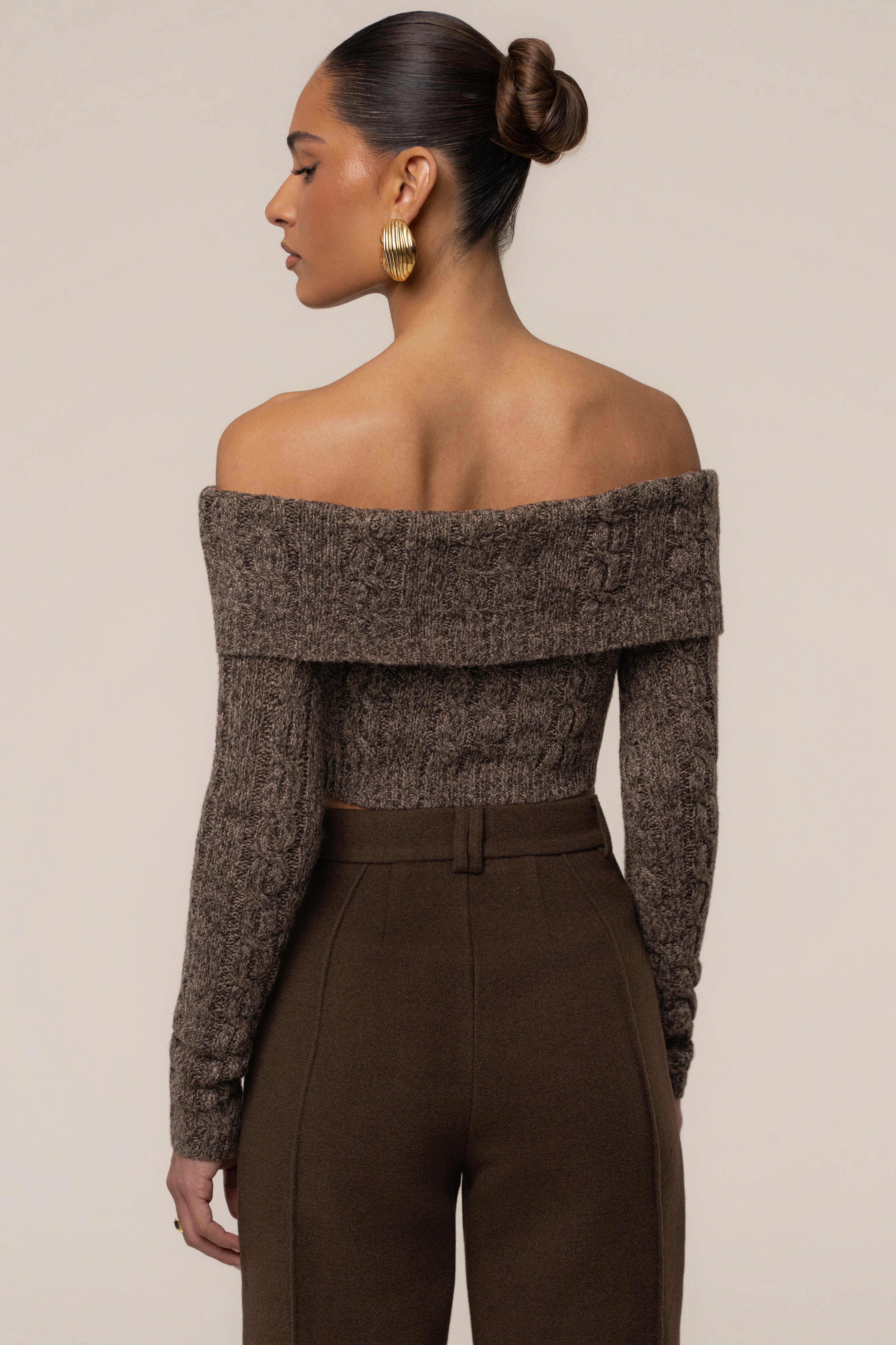 Brown Off Duty sweater top by JLUXLABEL featuring a cozy, relaxed fit with long sleeves and a round neckline.