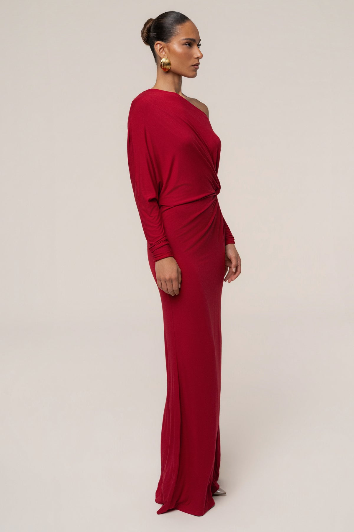 Red Eternal Obsession Maxi Dress by JLUXLABEL, flowing fabric, sleeveless design, and elegant silhouette on a model.