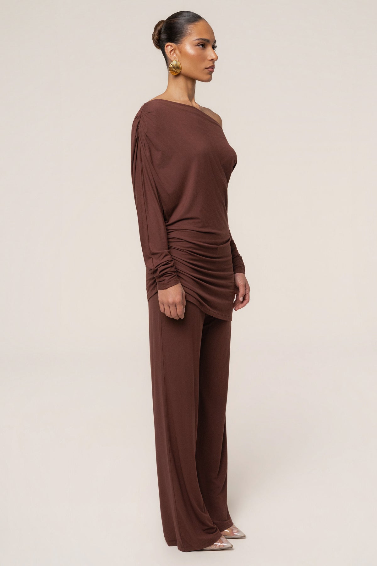 Brown JLUXLABEL Winter Soirée pant set with stylish top and wide-leg pants, perfect for cozy winter gatherings.