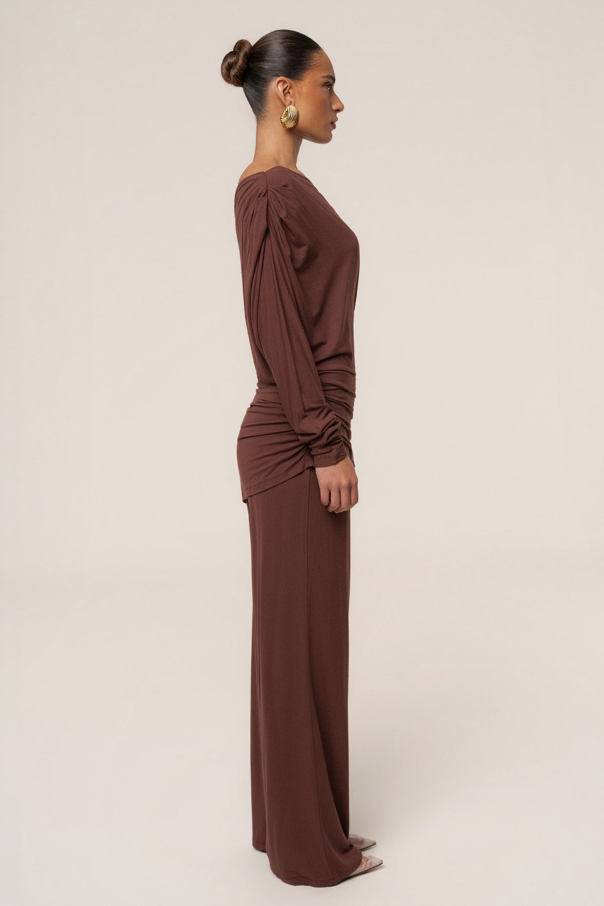 Brown JLUXLABEL Winter Soirée pant set featuring stylish, comfortable matching top and pants for cold weather.