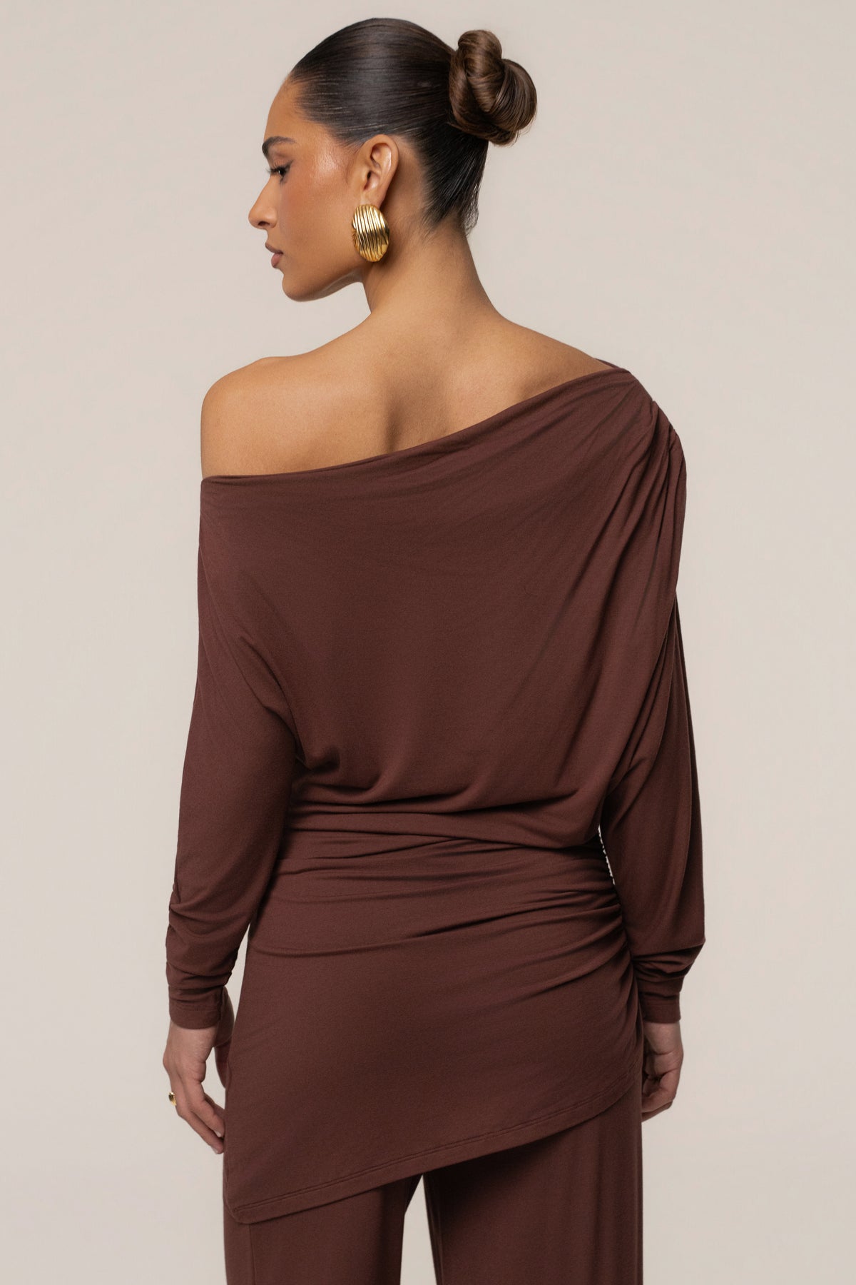 JLUXLABEL Brown Winter Soirée Pant Set featuring stylish coordinated top and wide-leg pants, perfect for elegant winter occasions.