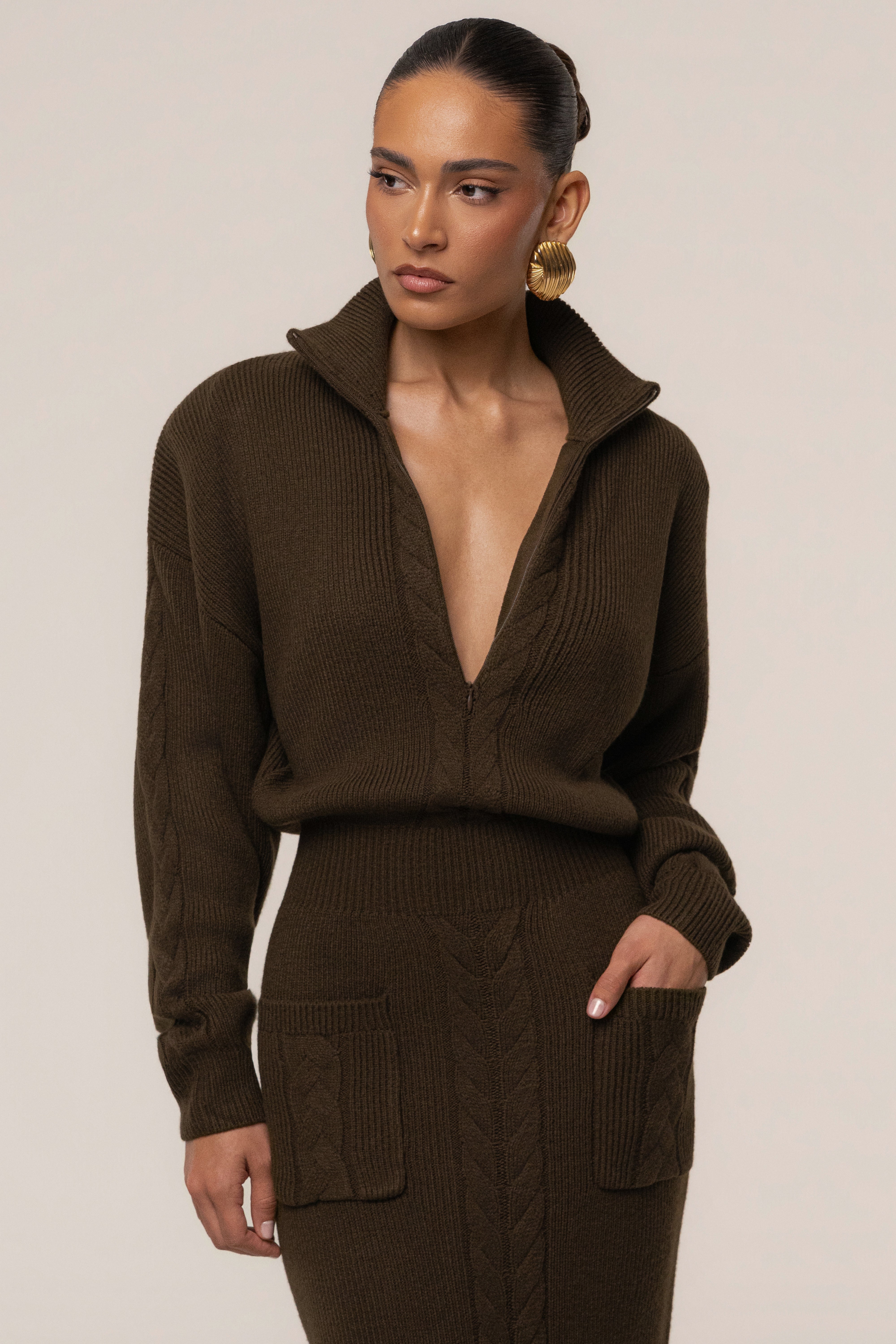 Chocolate ribbed dress by JLUXLABEL featuring a cozy, fitted design perfect for stylish casual wear.