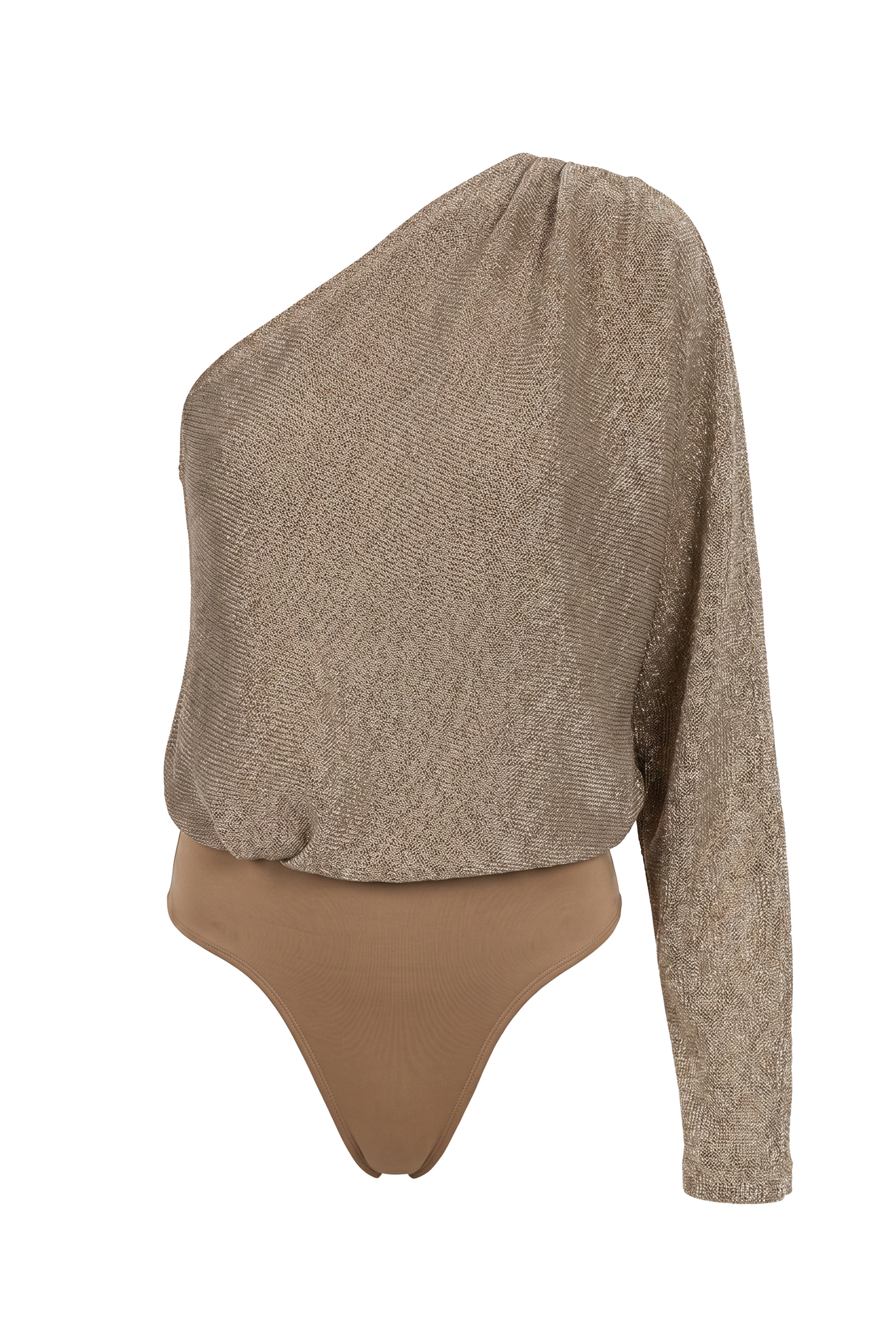 Gold metallic bodysuit from JLUXLABEL featuring a sleek, shiny finish and fitted design, perfect for stylish tops.