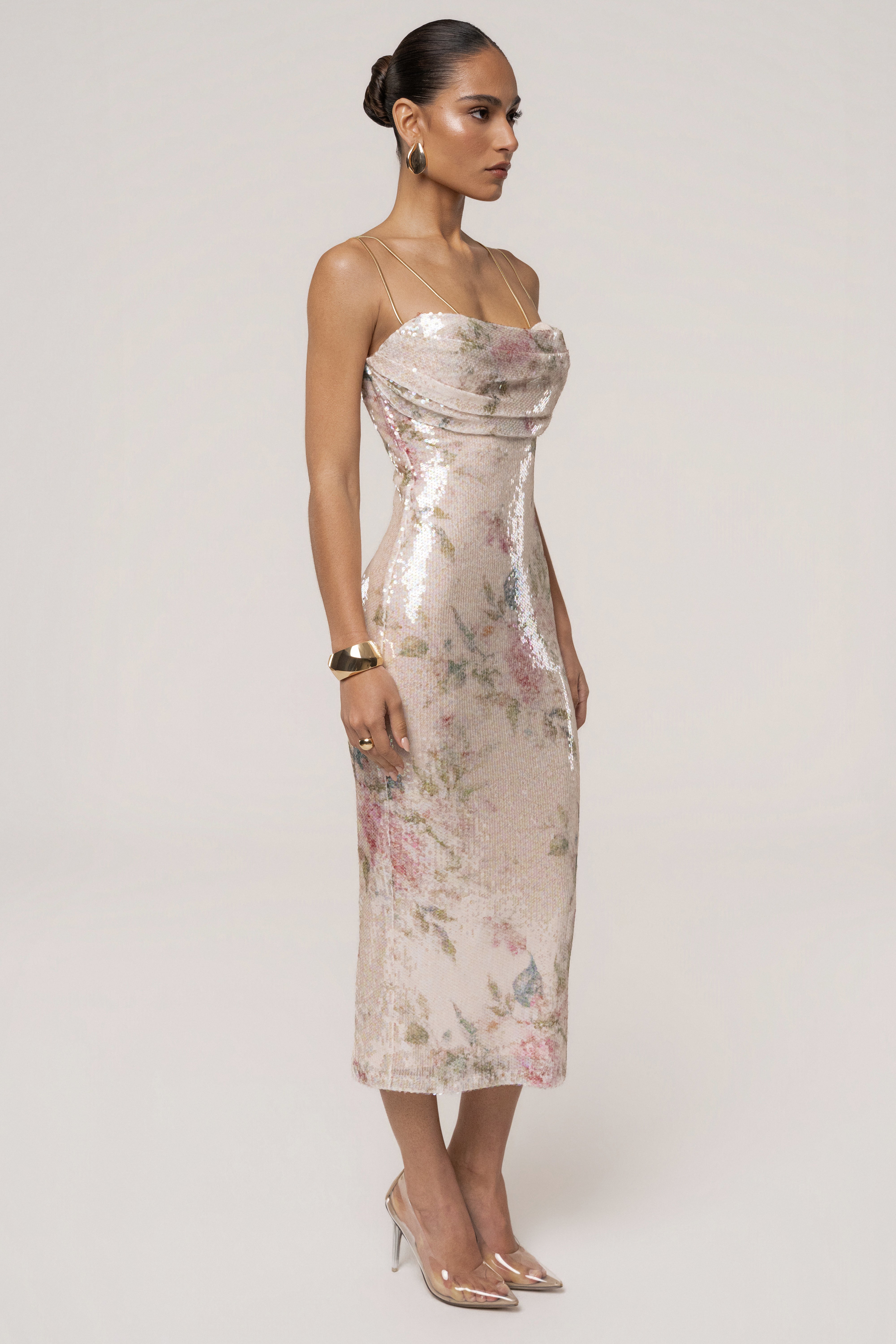 Ivory floral Sienna sequin dress by JLUXLABEL, featuring intricate floral embroidery and shimmering sequins, tailored fit.