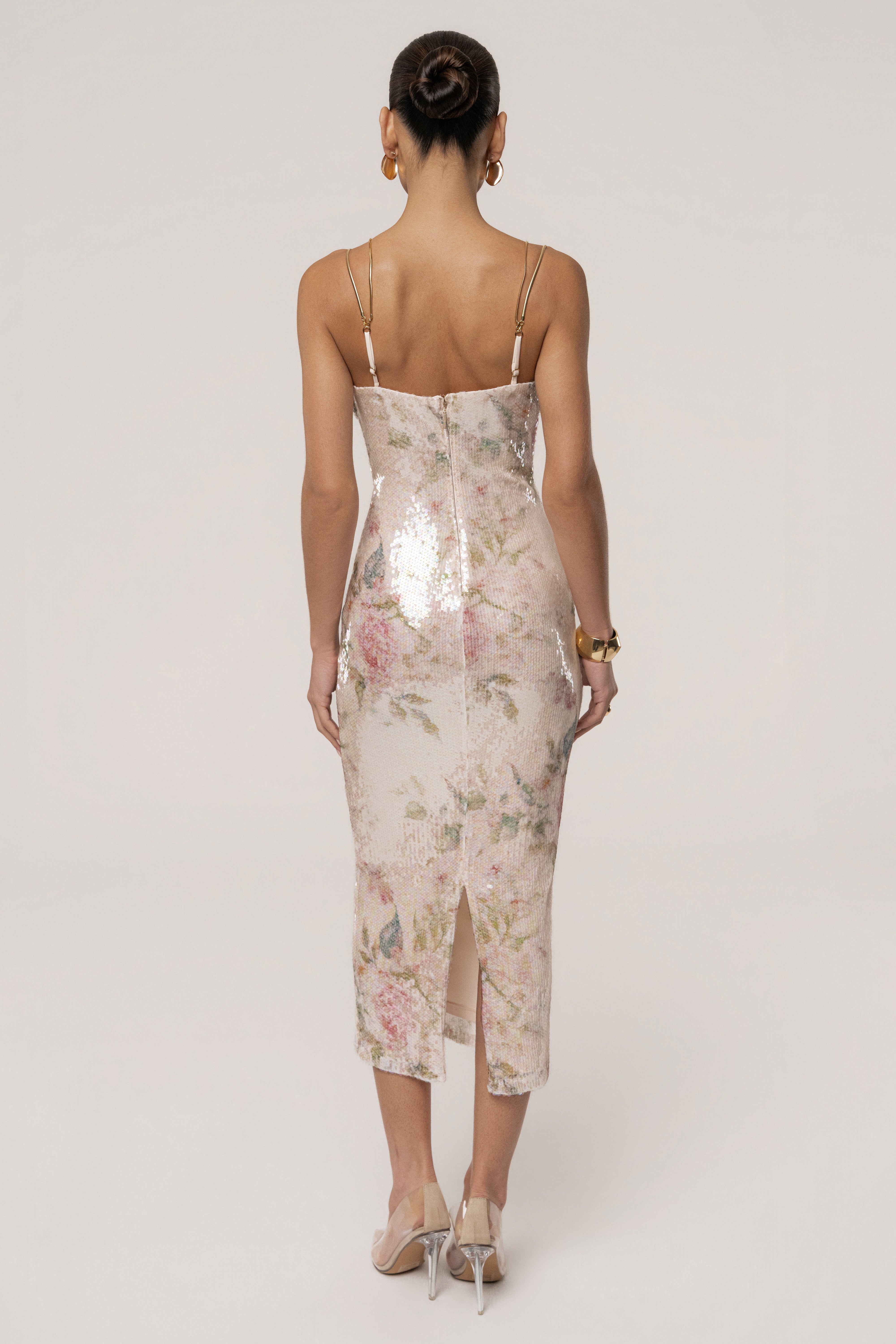 Ivory floral Sienna sequin dress by JLUXLABEL featuring a fitted silhouette and intricate floral sequin embroidery.