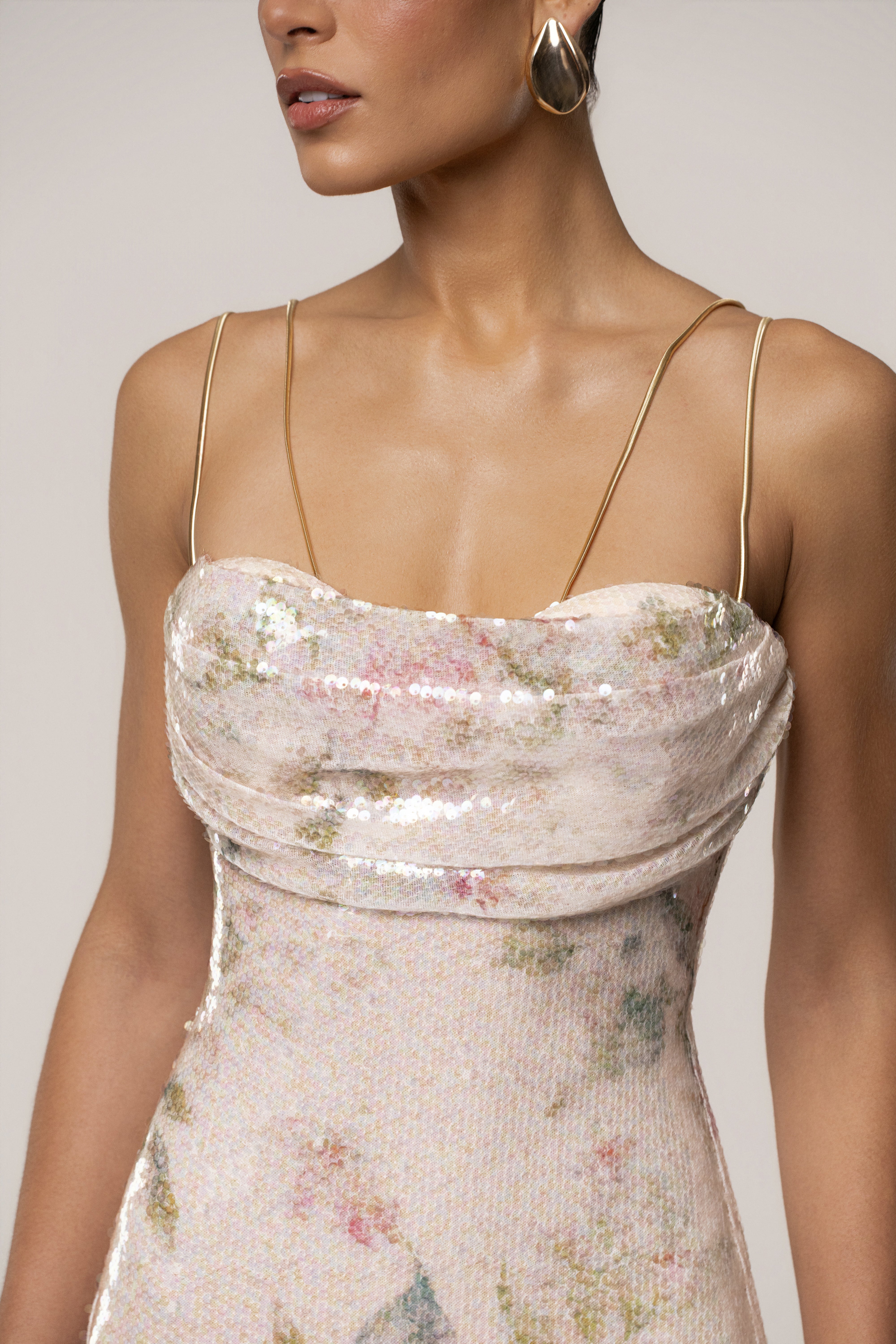 Ivory floral Sienna sequin dress by JLUXLABEL featuring intricate floral embroidery and a shimmering sequin finish.