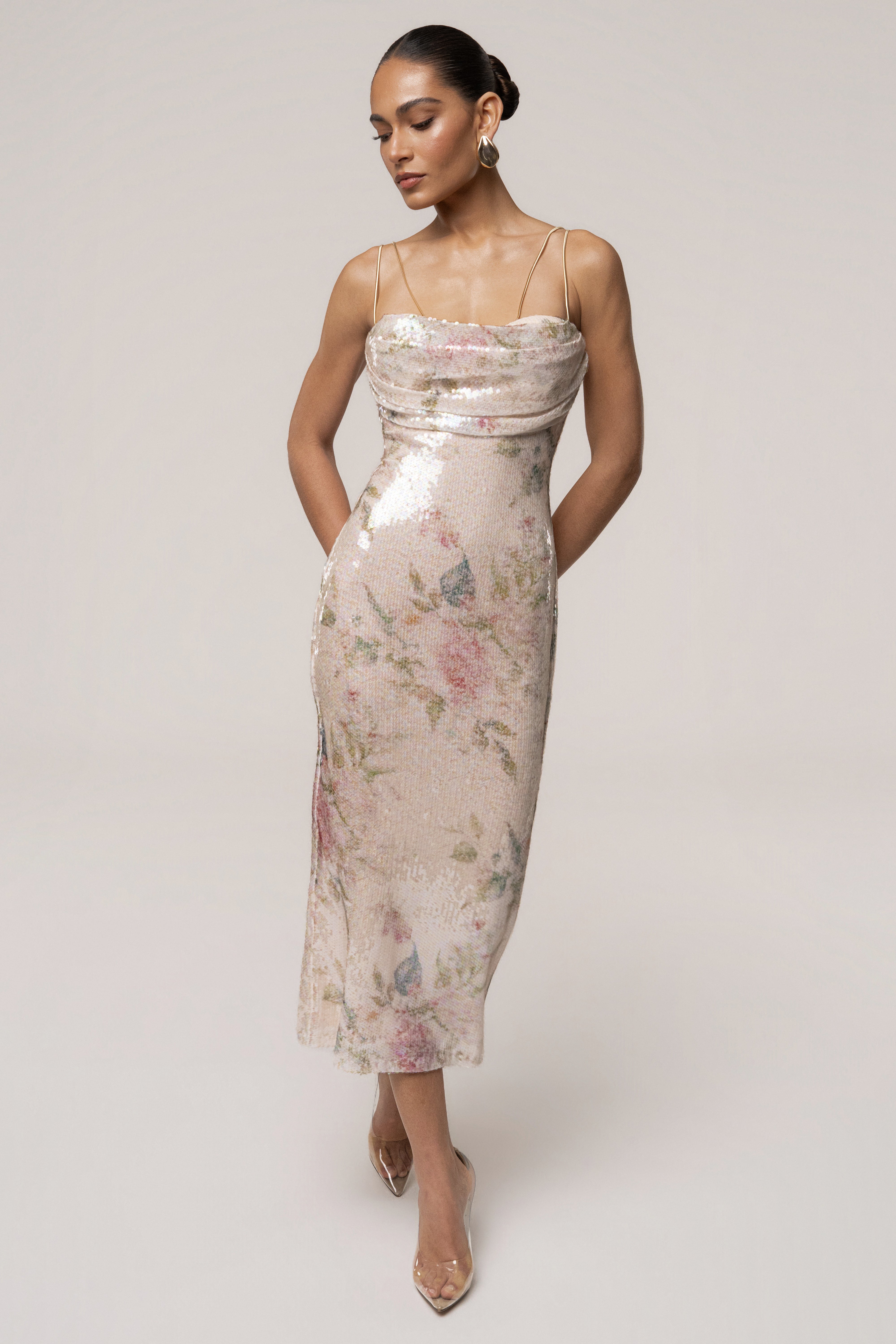 Ivory floral Sienna sequin dress by JLUXLABEL, showcasing a stylish dress with floral patterns and shimmering sequins.