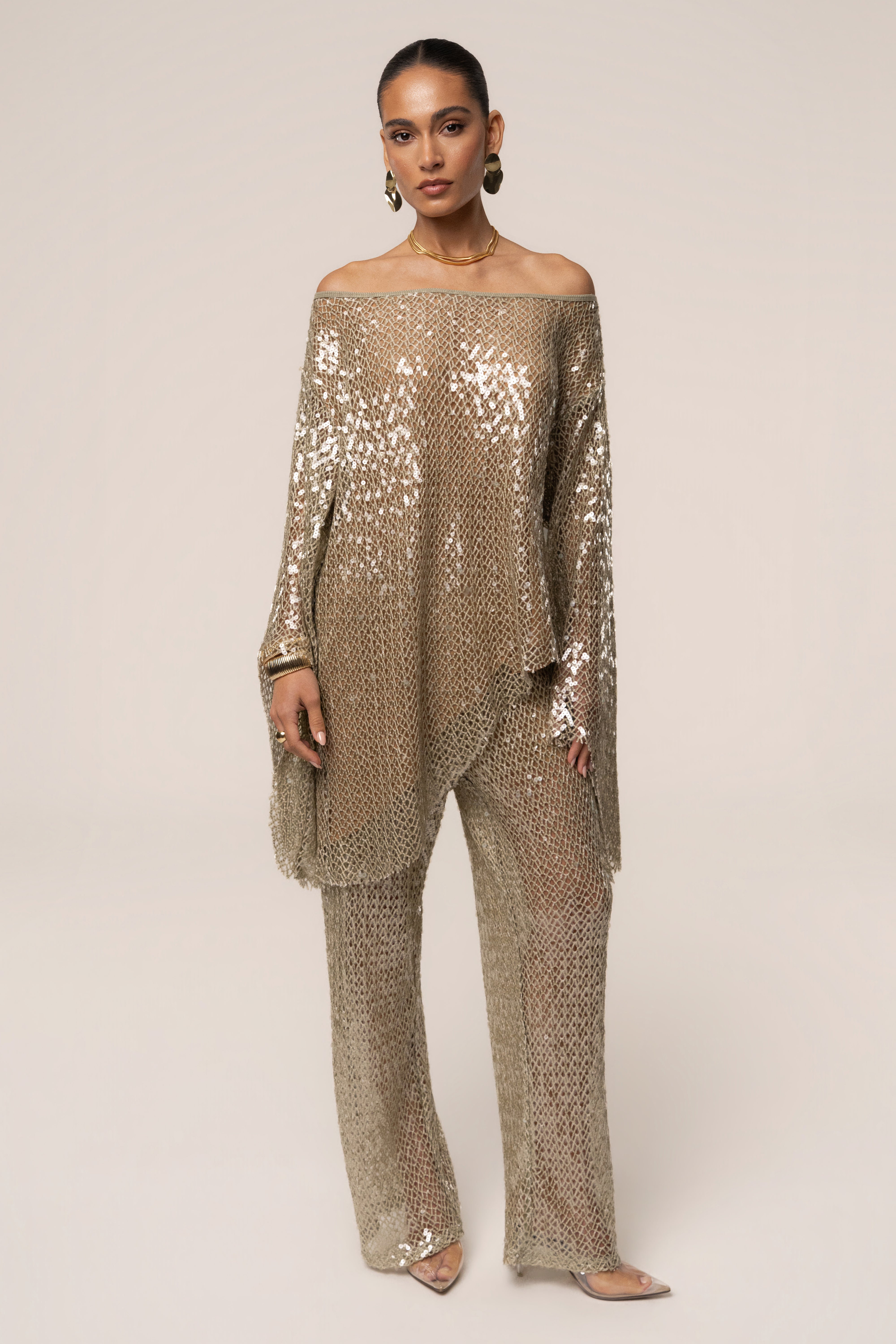 JLUXLABEL Sage Sheer Glow Sequin Top, stylish women's sheer top with shimmering sequins and relaxed fit, perfect for evening wear.