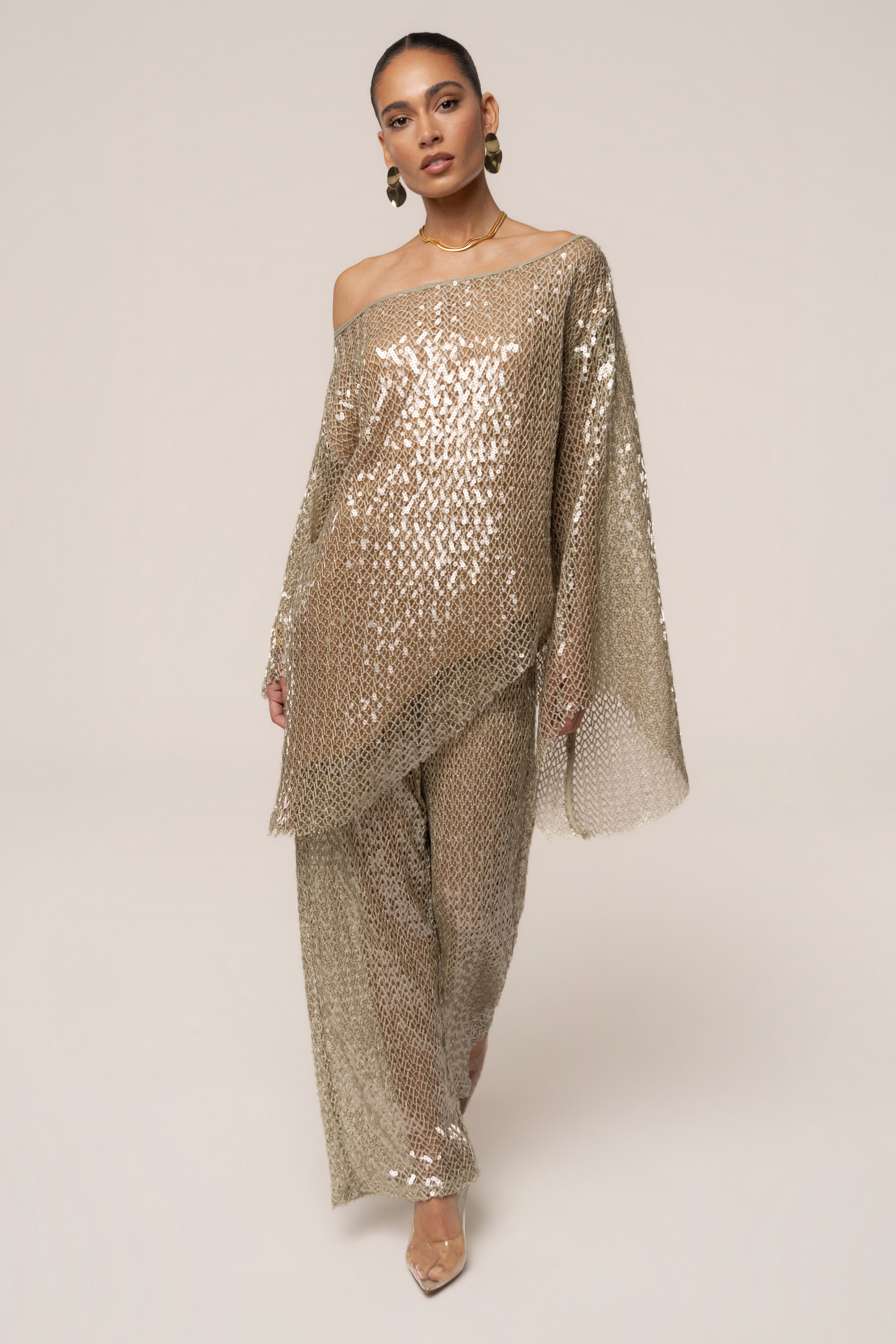 JLUXLABEL Sage Sheer Glow Sequin Top, stylish women's sheer top with shimmering sequin details, perfect for evening wear.