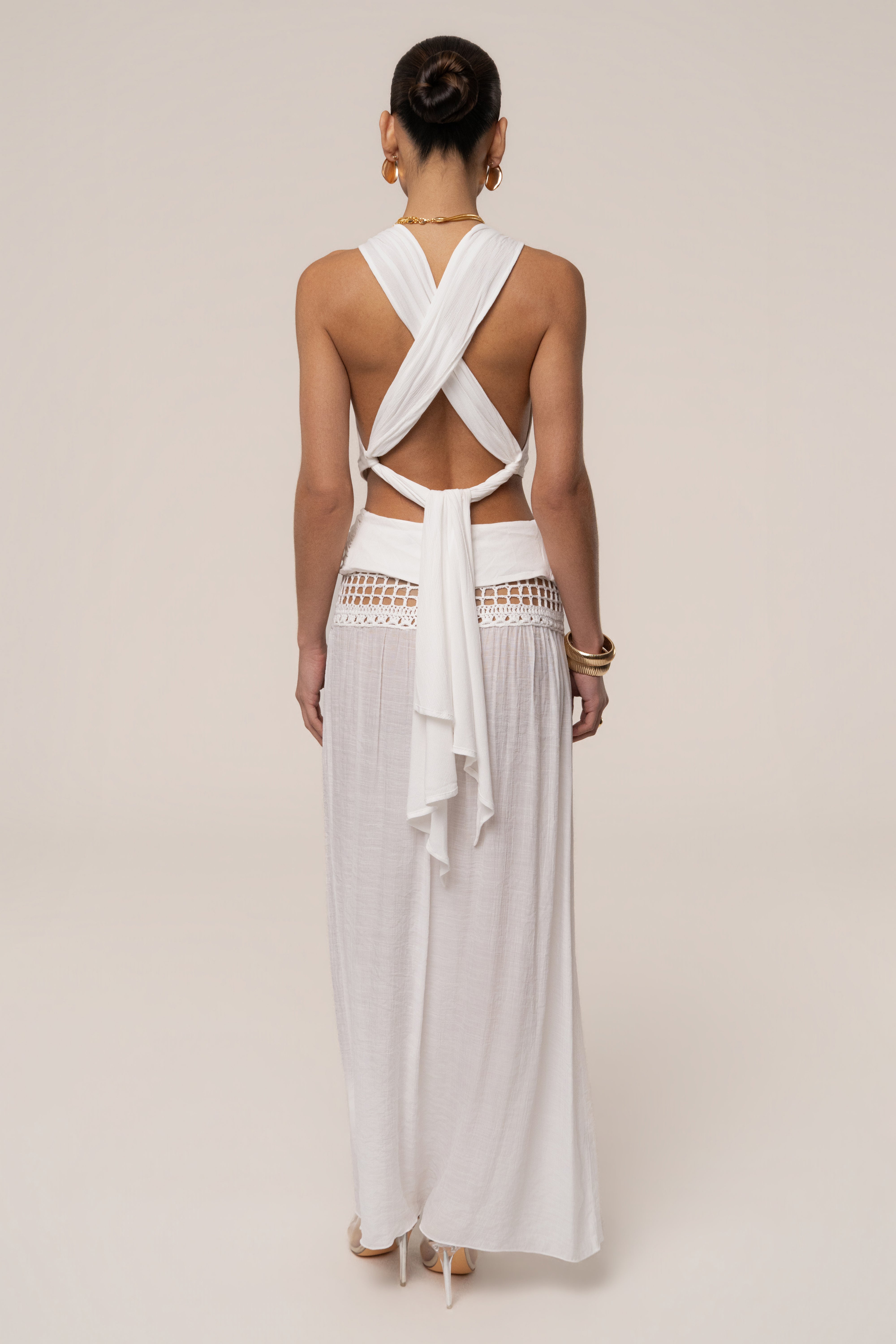 White Tulum drape top by JLUXLABEL featuring flowing fabric and stylish design, perfect for casual or chic outfits.