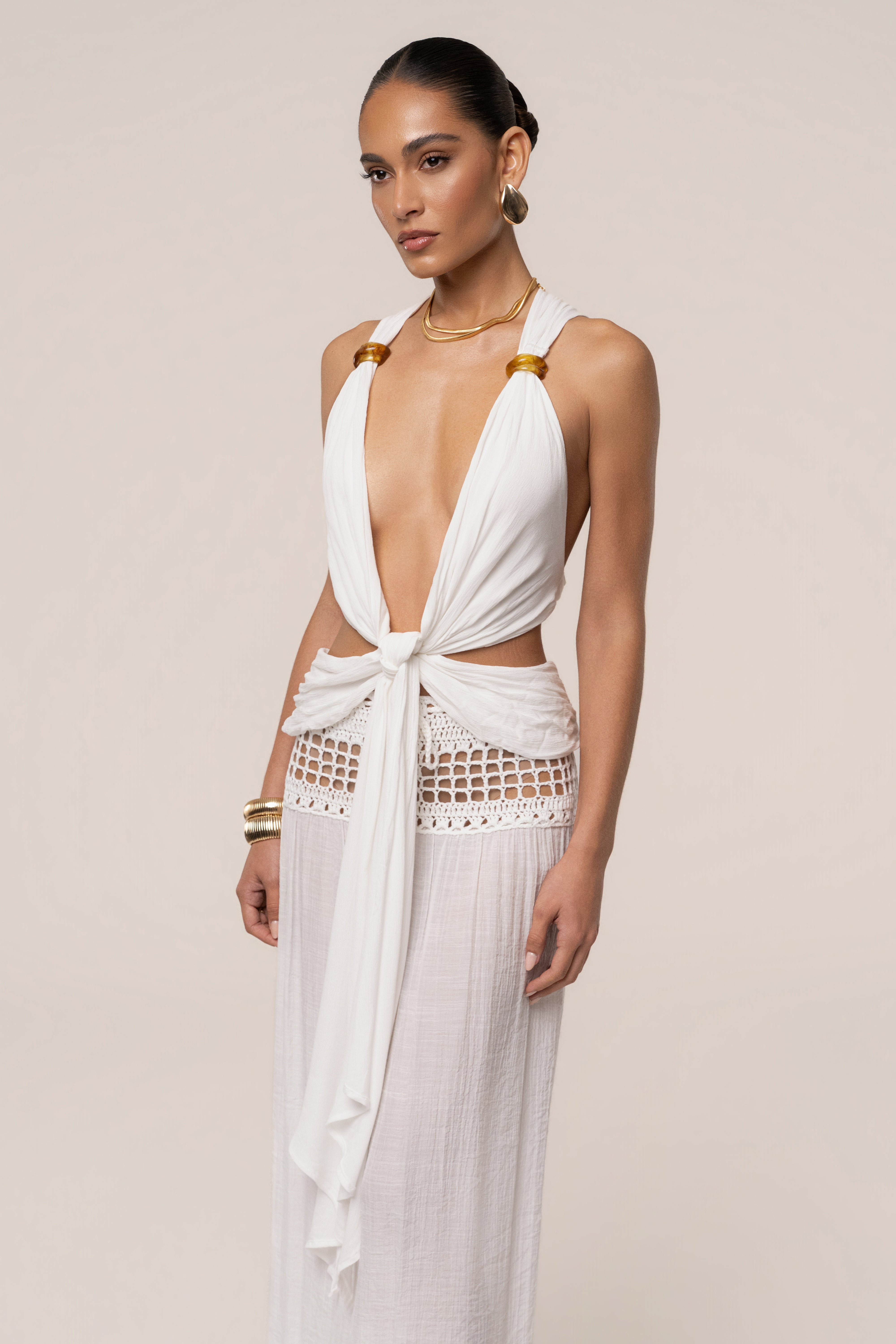 White Tulum Drape Top by JLUXLABEL, featuring a flowy fabric and elegant draped design, perfect for casual or chic outfits.