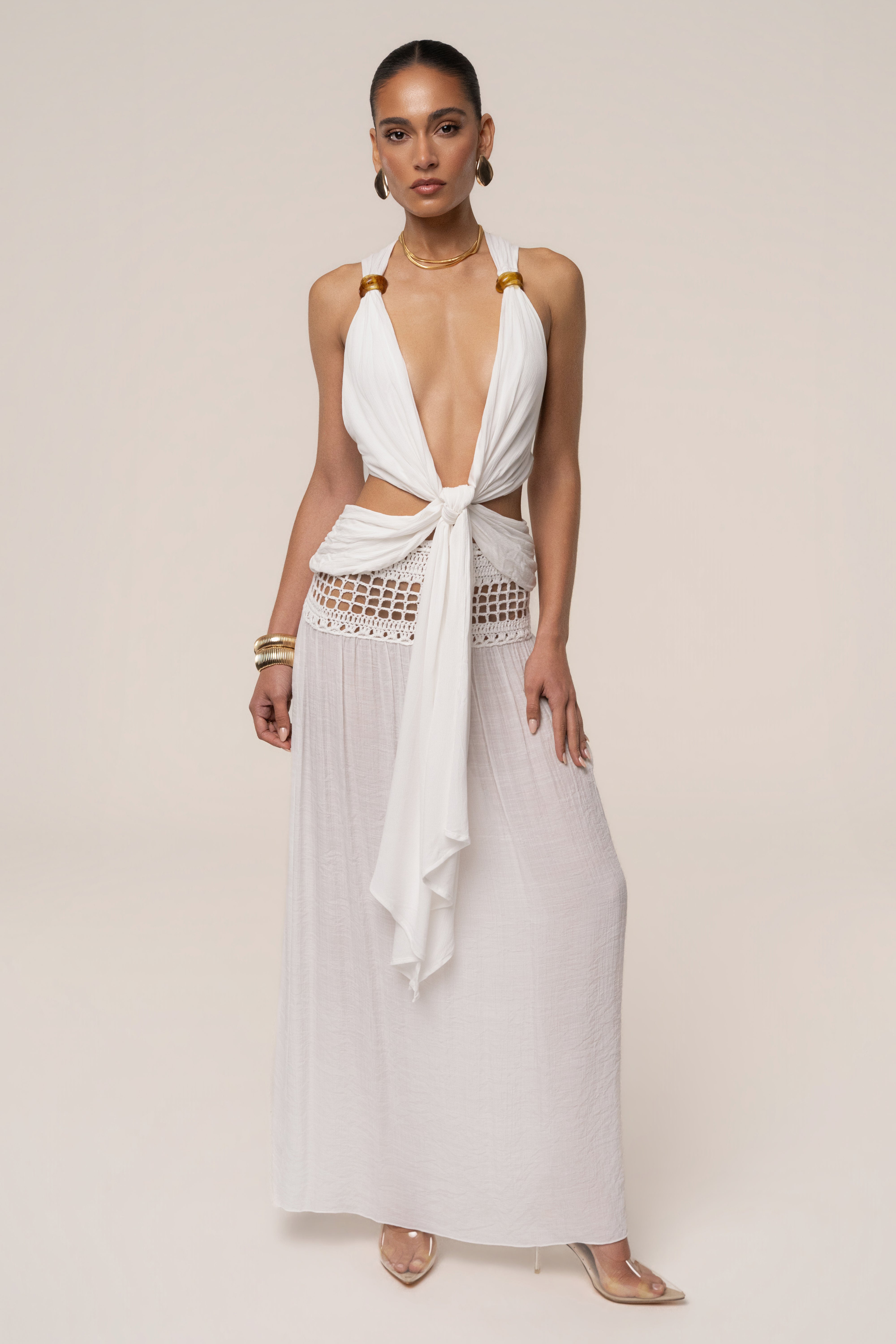 White Tulum Drape Top by JLUXLABEL, showcasing lightweight fabric, draped design, and stylish fit on a model.