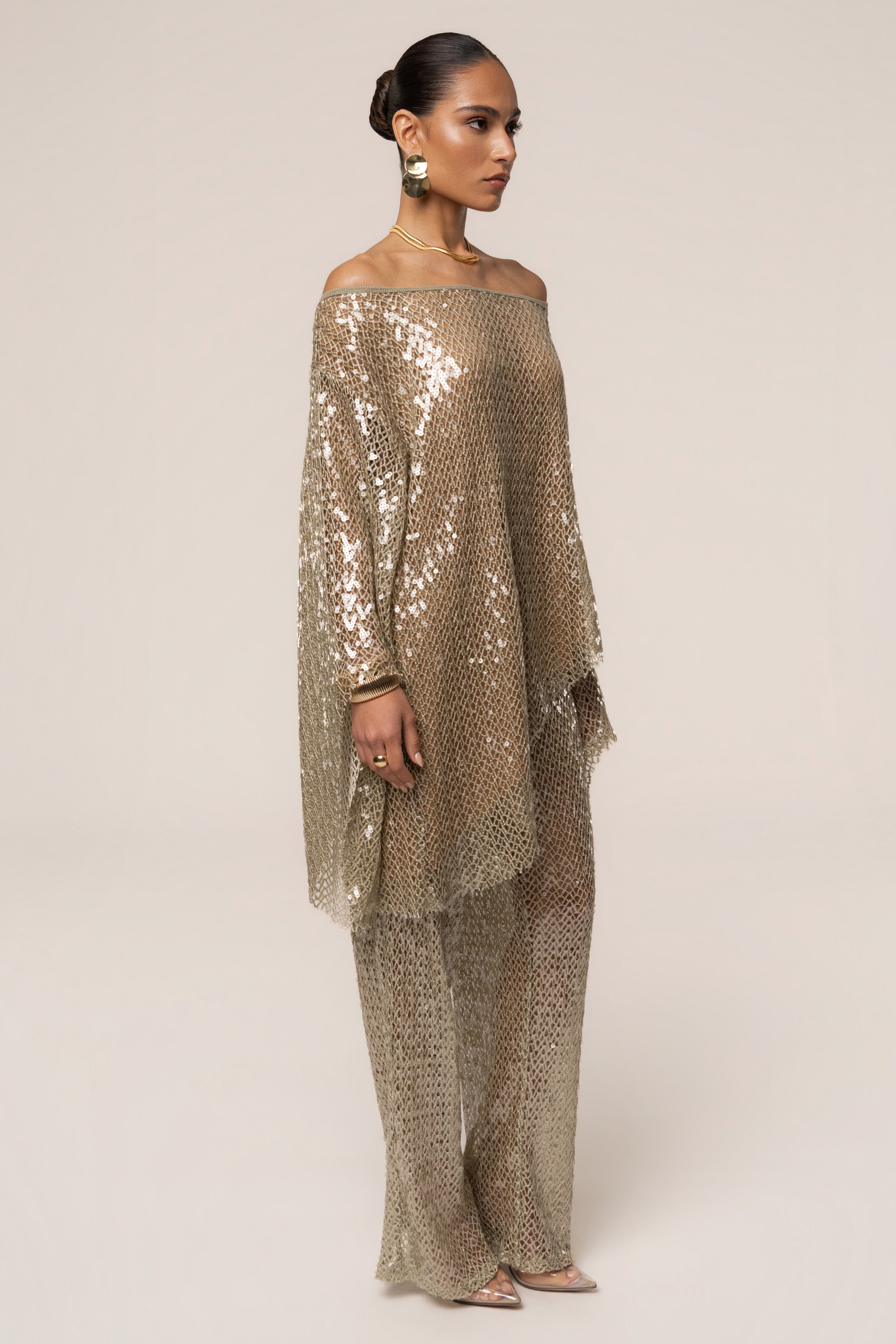 JLUXLABEL Sage Sheer Glow Sequin Top, stylish sheer sleeveless blouse with shimmering sequins, perfect for evening wear.