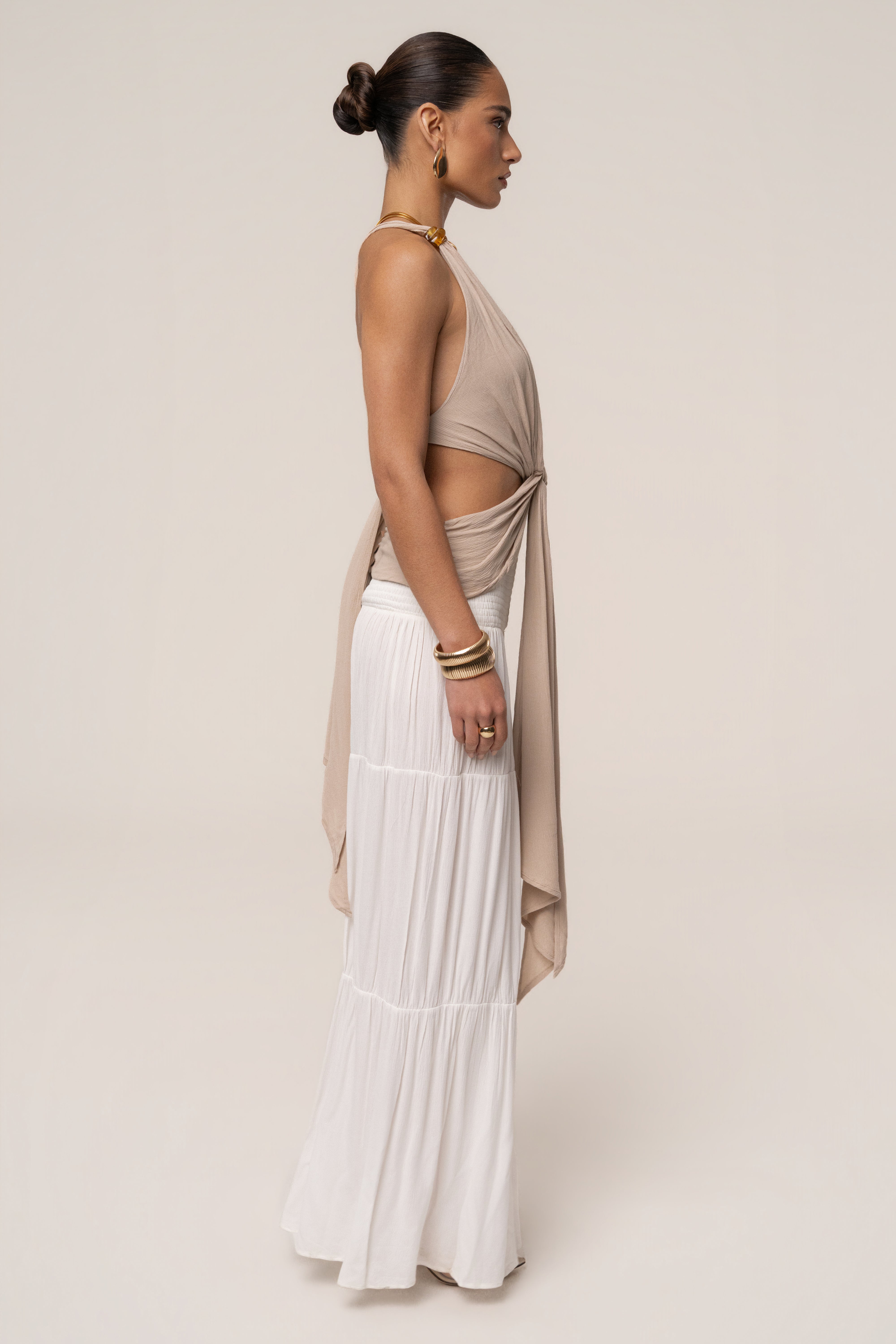 Beige Tulum Drape Top by JLUXLABEL, stylish women's top with relaxed drape and casual fit, perfect for everyday wear