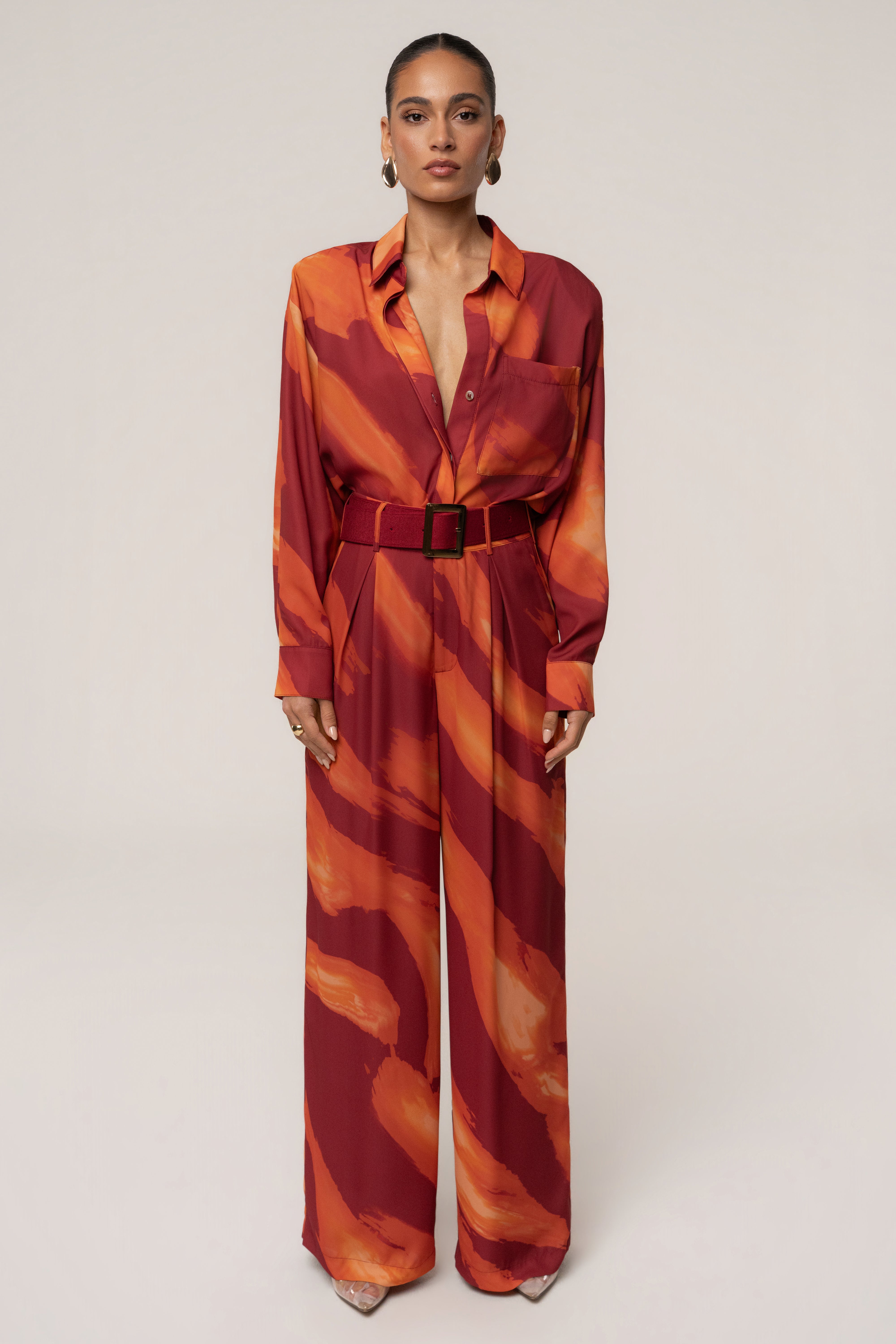 Crimson Dusk soft pleated trousers by JLUXLABEL, showcasing a stylish bottom with a relaxed fit and elegant pleats.
