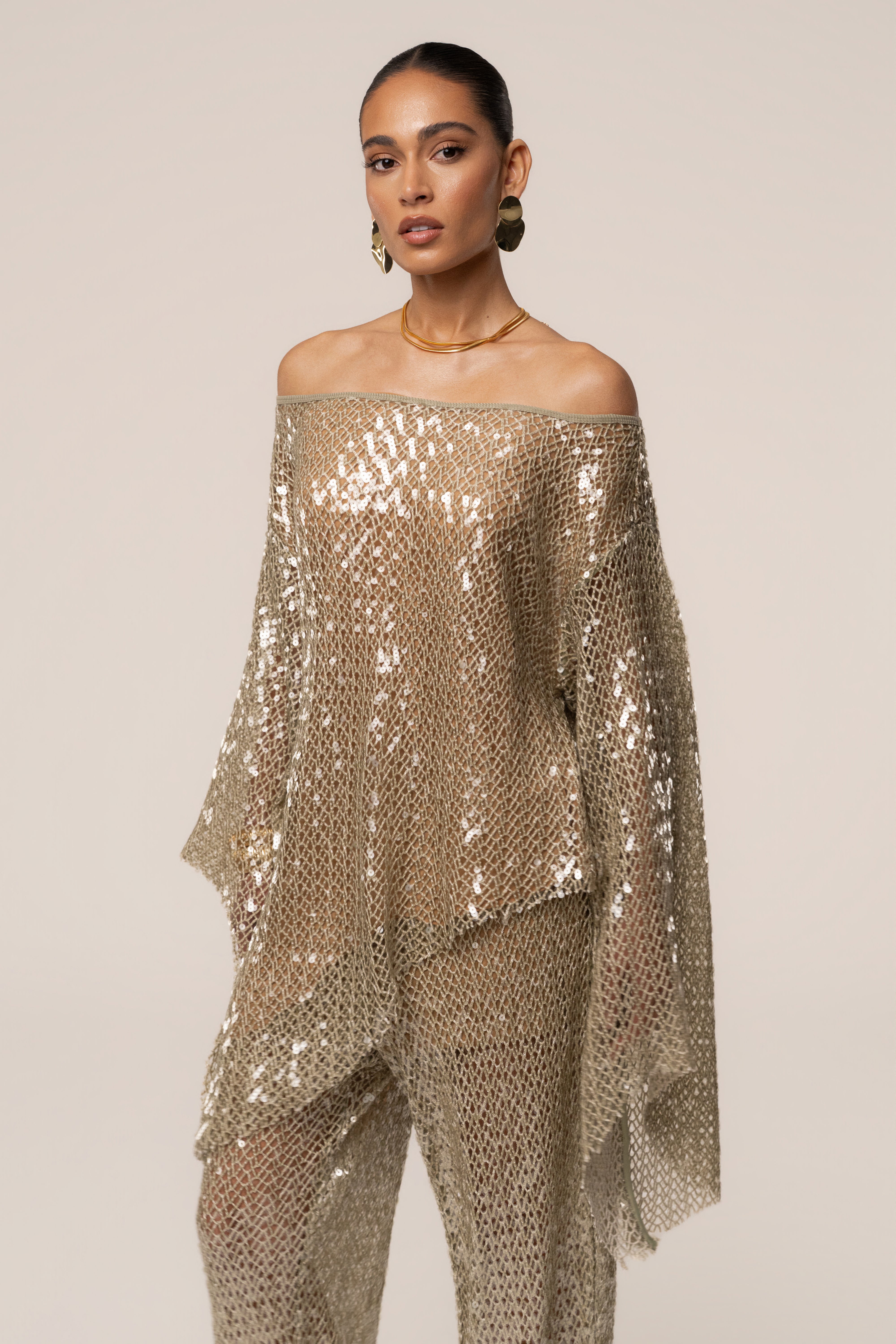 JLUXLABEL Sage Sheer Glow Sequin Top featuring shimmering sequins and sheer fabric, stylish and elegant for special occasions.
