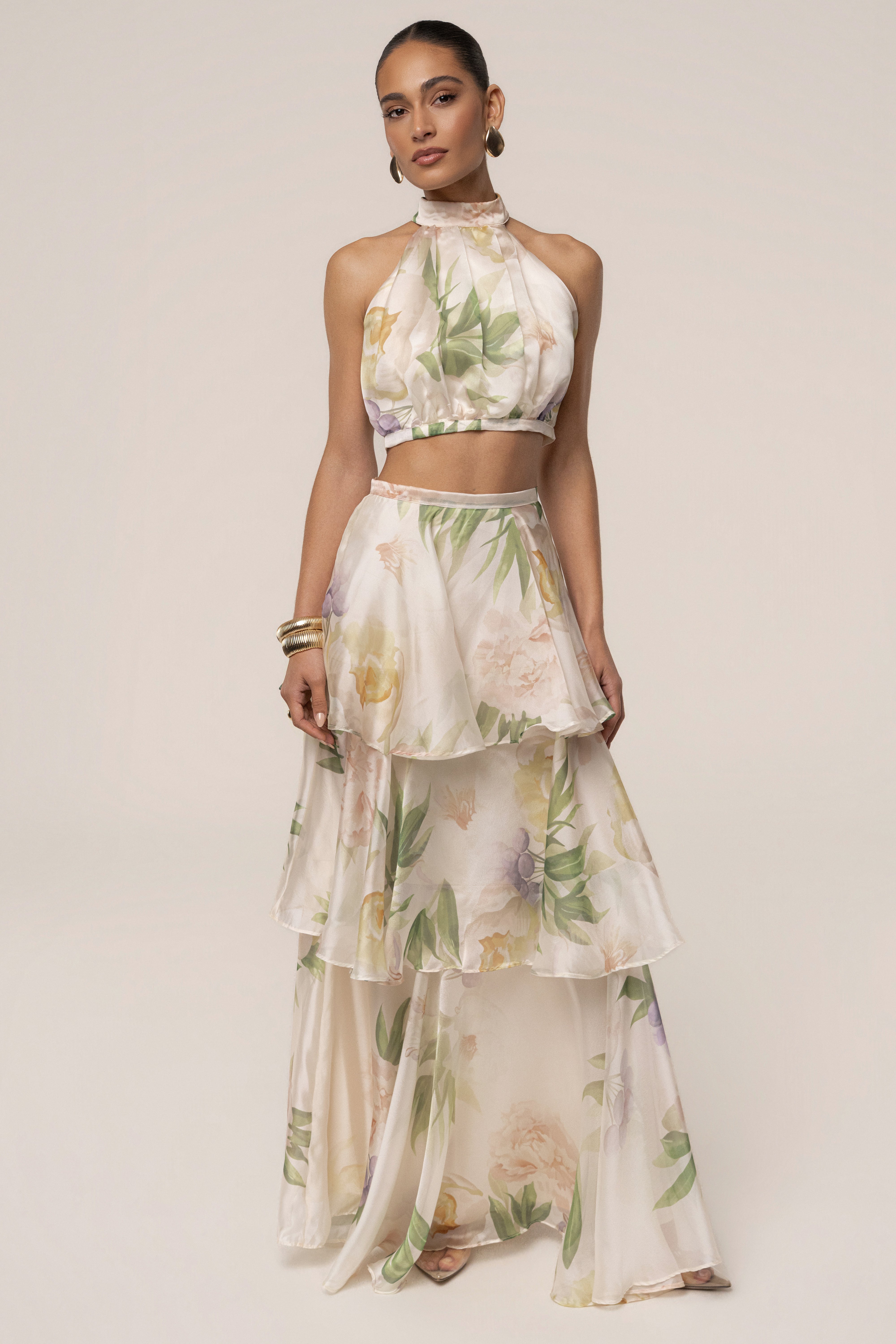 Cream botanical dreams skirt set by JLUXLABEL featuring a flowy skirt and matching top with botanical print.