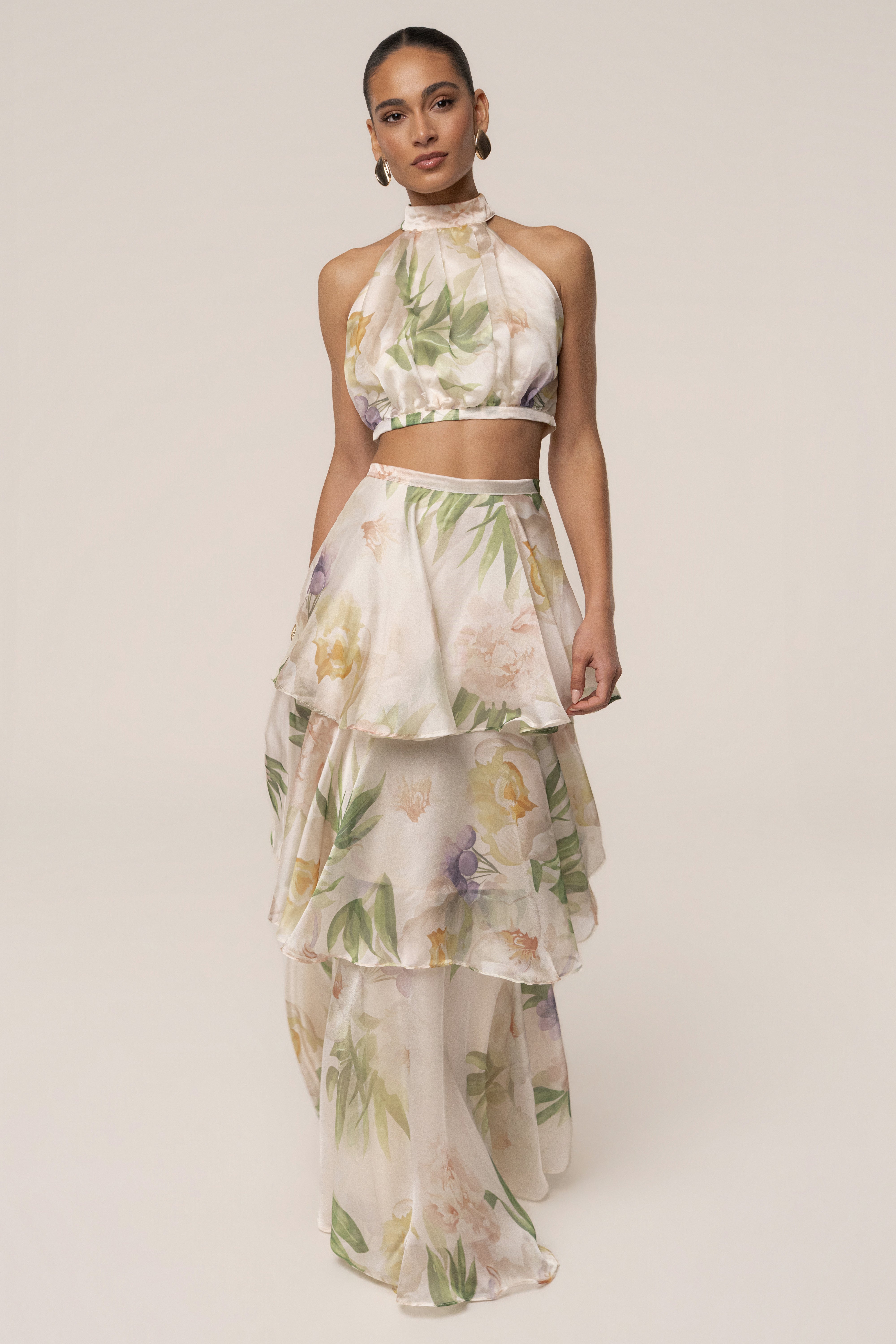 Cream Botanical Dreams skirt set by JLUXLABEL featuring a flowy skirt and matching top with botanical print, perfect for summer wear.