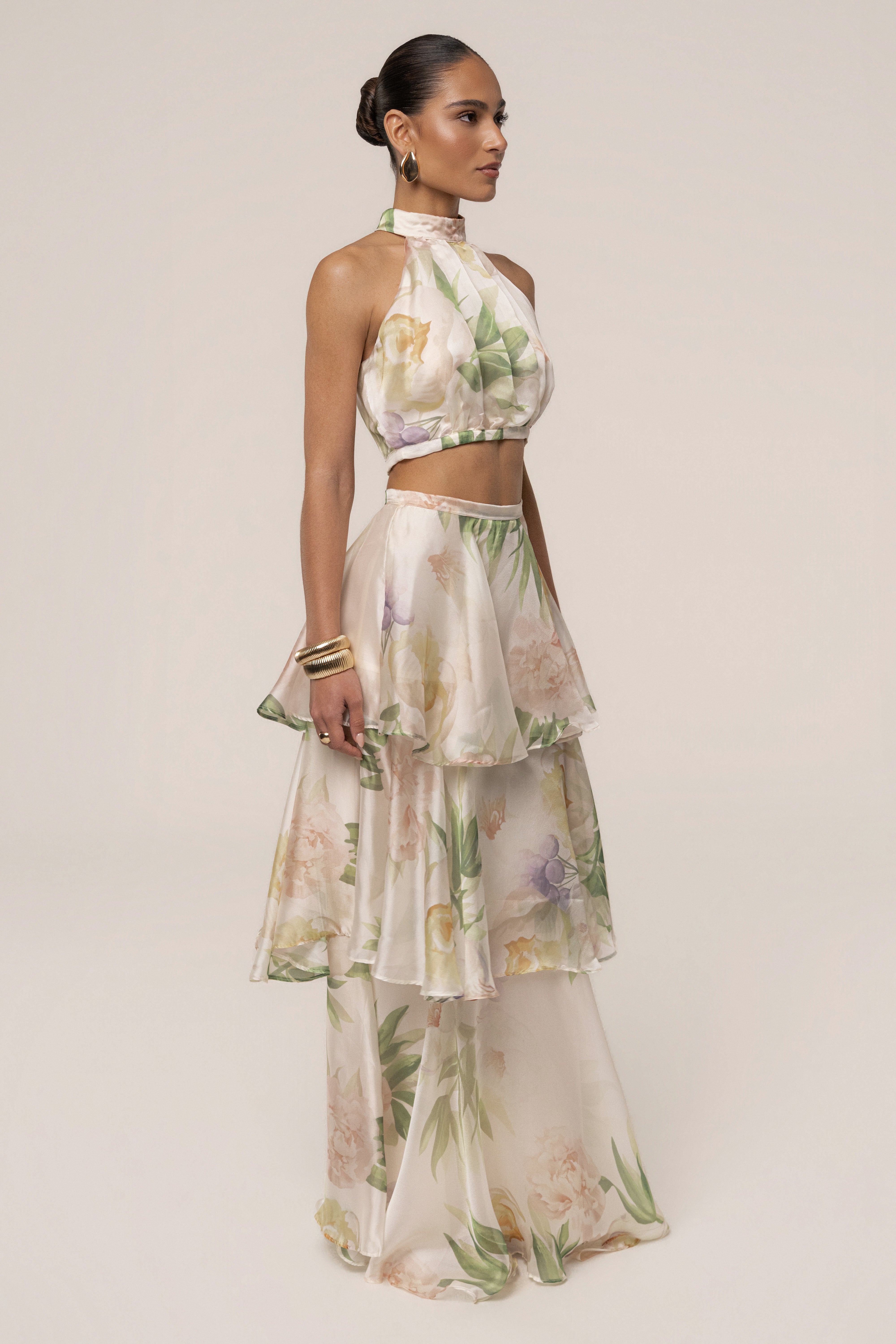 Cream Botanical Dreams skirt set from JLUXLABEL featuring a floral patterned top and matching skirt.