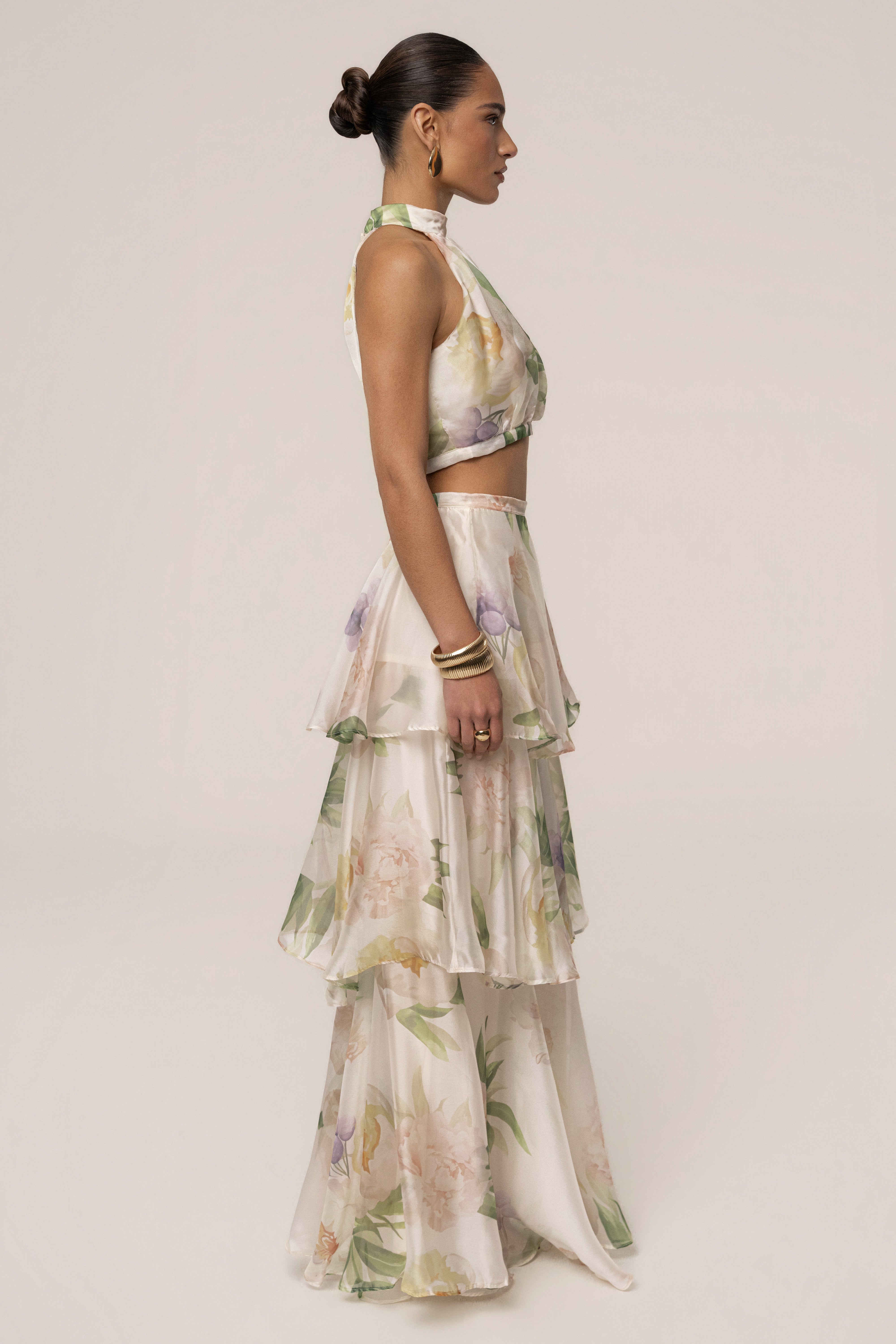 Cream Botanical Dreams skirt set by JLUXLABEL featuring a flowy skirt and matching top with floral botanical print.