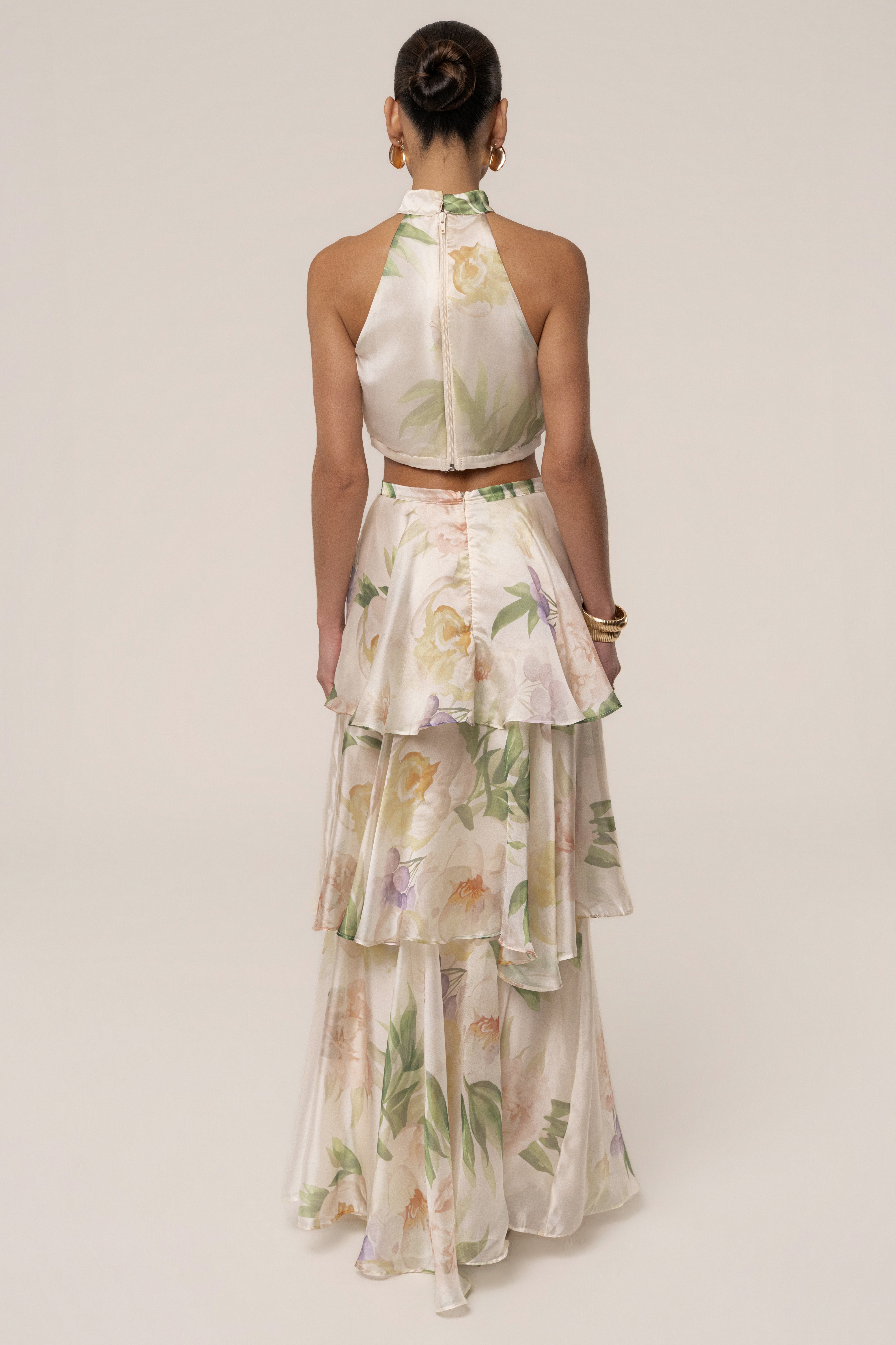 Cream Botanical Dreams skirt set by JLUXLABEL featuring a flowy skirt and matching top with botanical print.