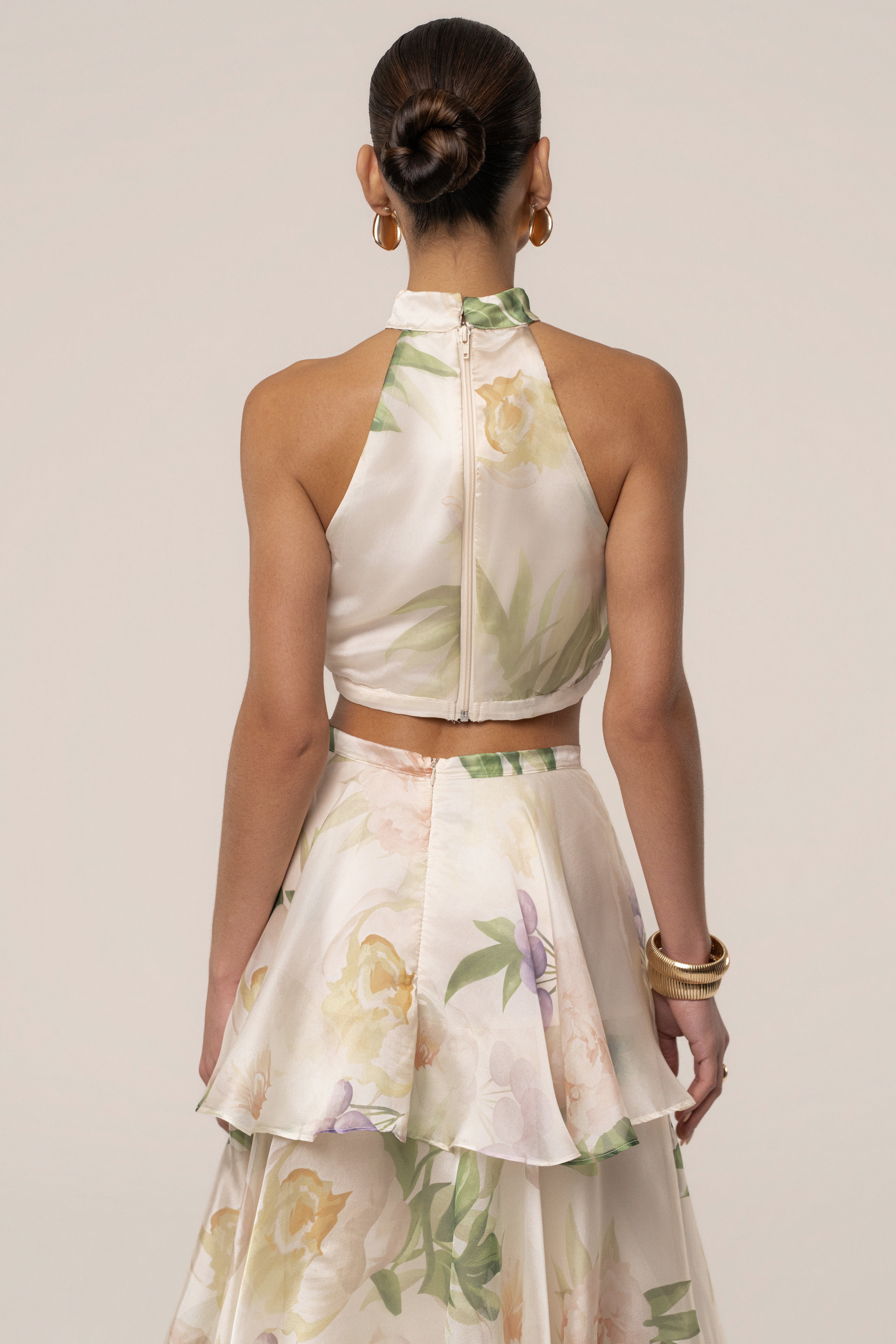 Cream botanical dreams skirt set by JLUXLABEL featuring a flowy skirt and matching top with floral print.