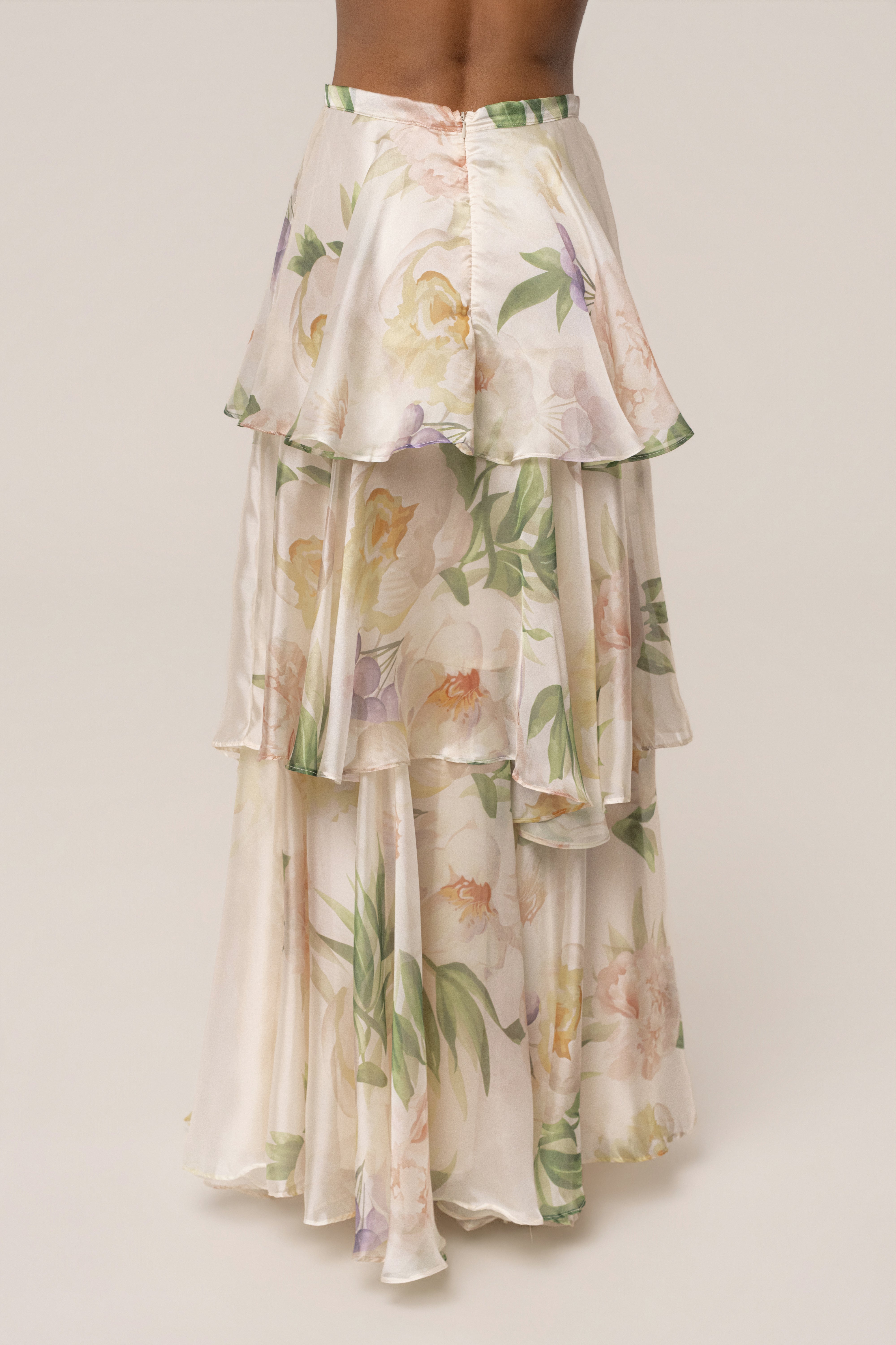 Cream Botanical Dreams skirt set by JLUXLABEL featuring a flowy skirt and matching top with botanical print.