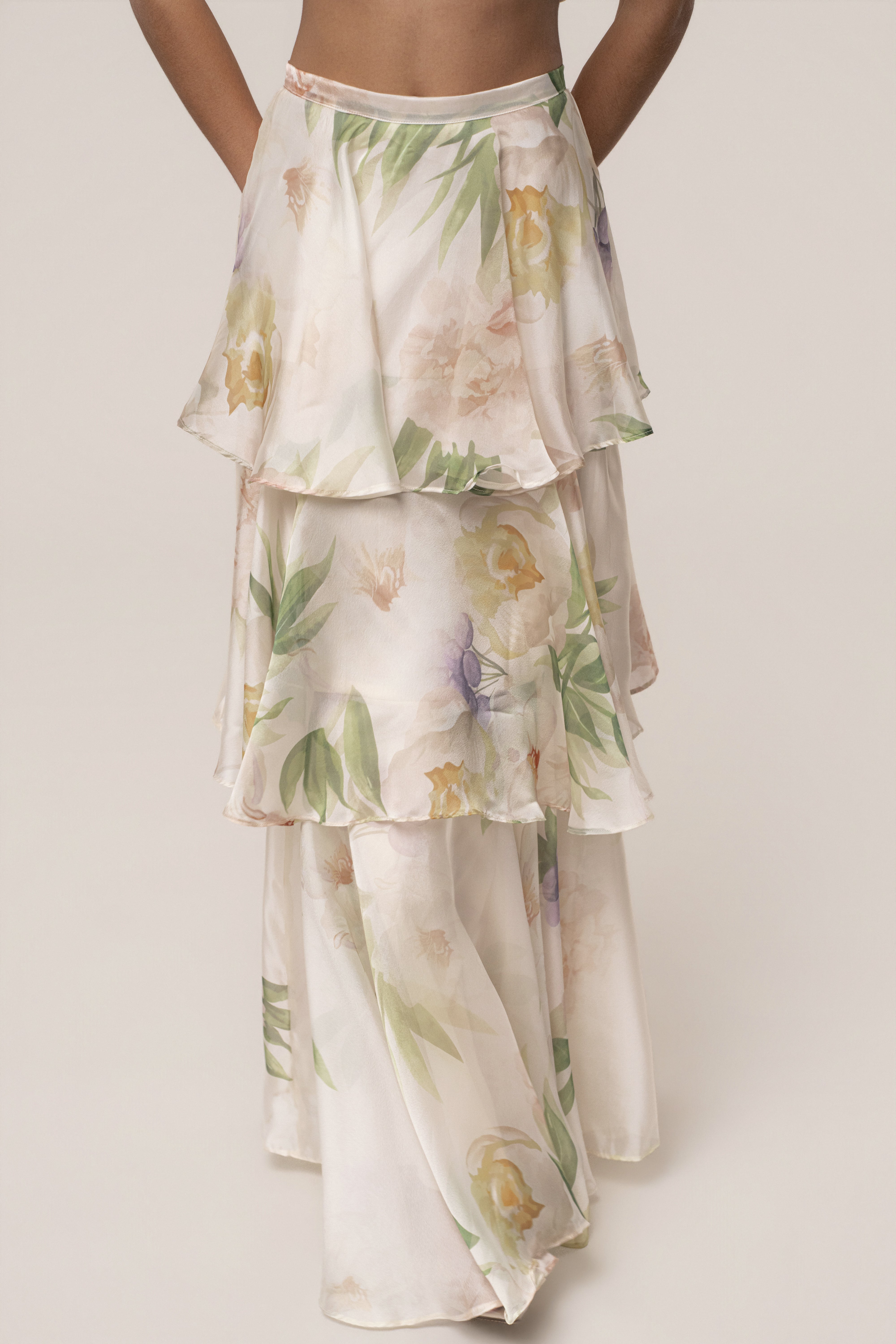 Cream Botanical Dreams skirt set by JLUXLABEL featuring a matching top and skirt with floral botanical print.