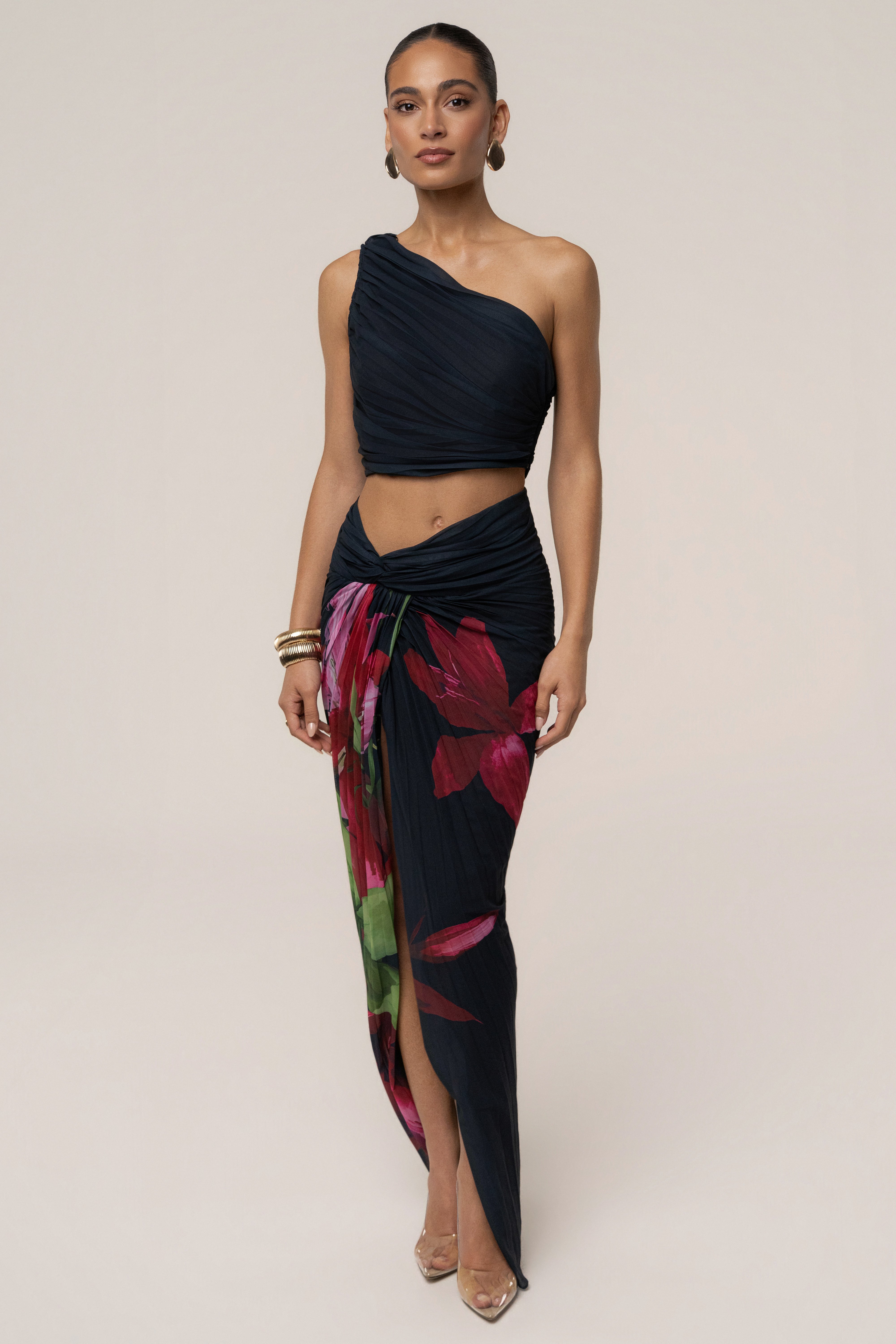 Navy Havana pleated skirt set by JLUXLABEL featuring a stylish pleated skirt and matching top on a plain background.
