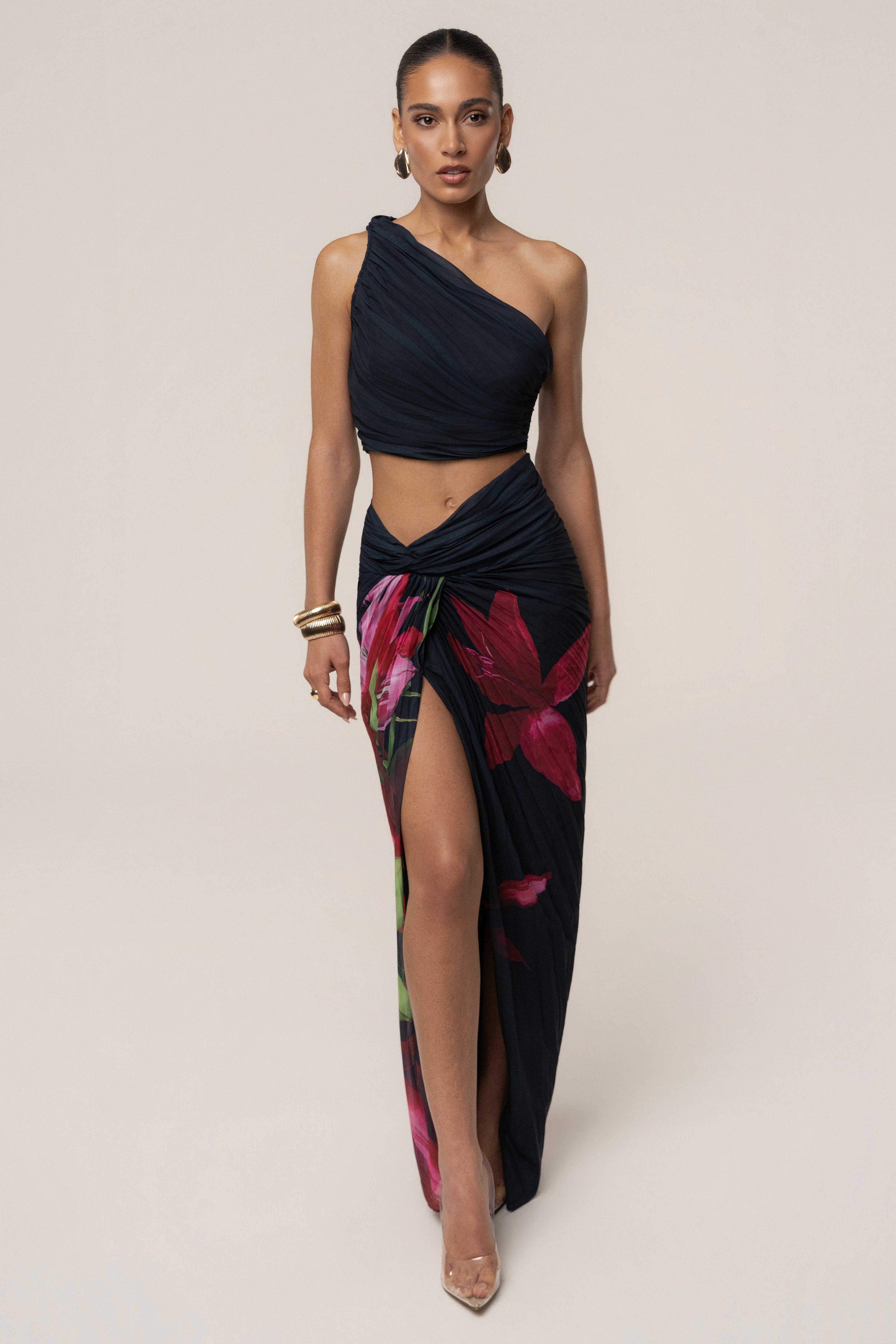Navy Havana pleat skirt set by JLUXLABEL featuring a stylish high-waisted skirt with pleats and a matching top.