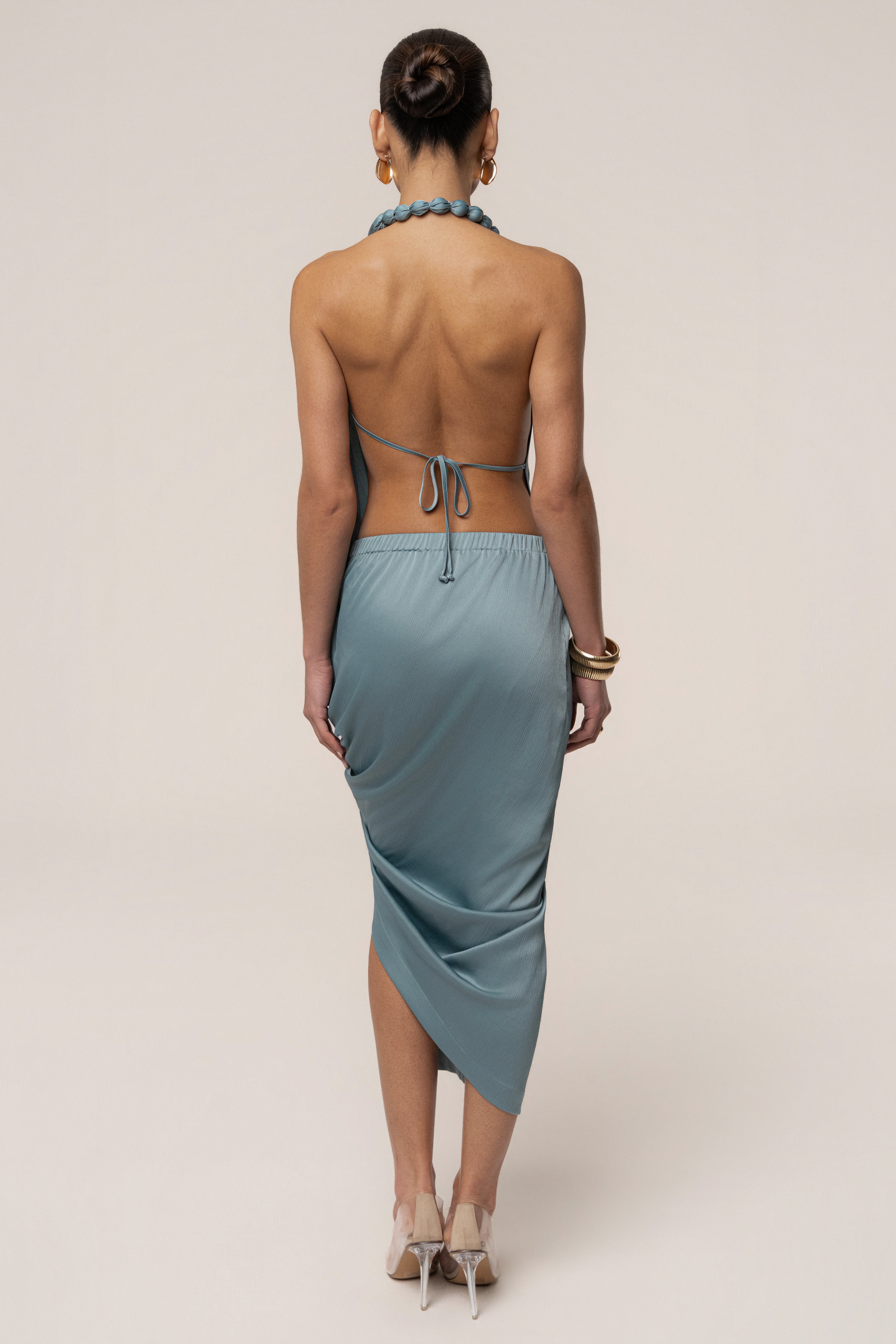 Seafoam Dolce Drape Dress by JLUXLABEL, flowing dress with elegant drape detail, shown on a mannequin.