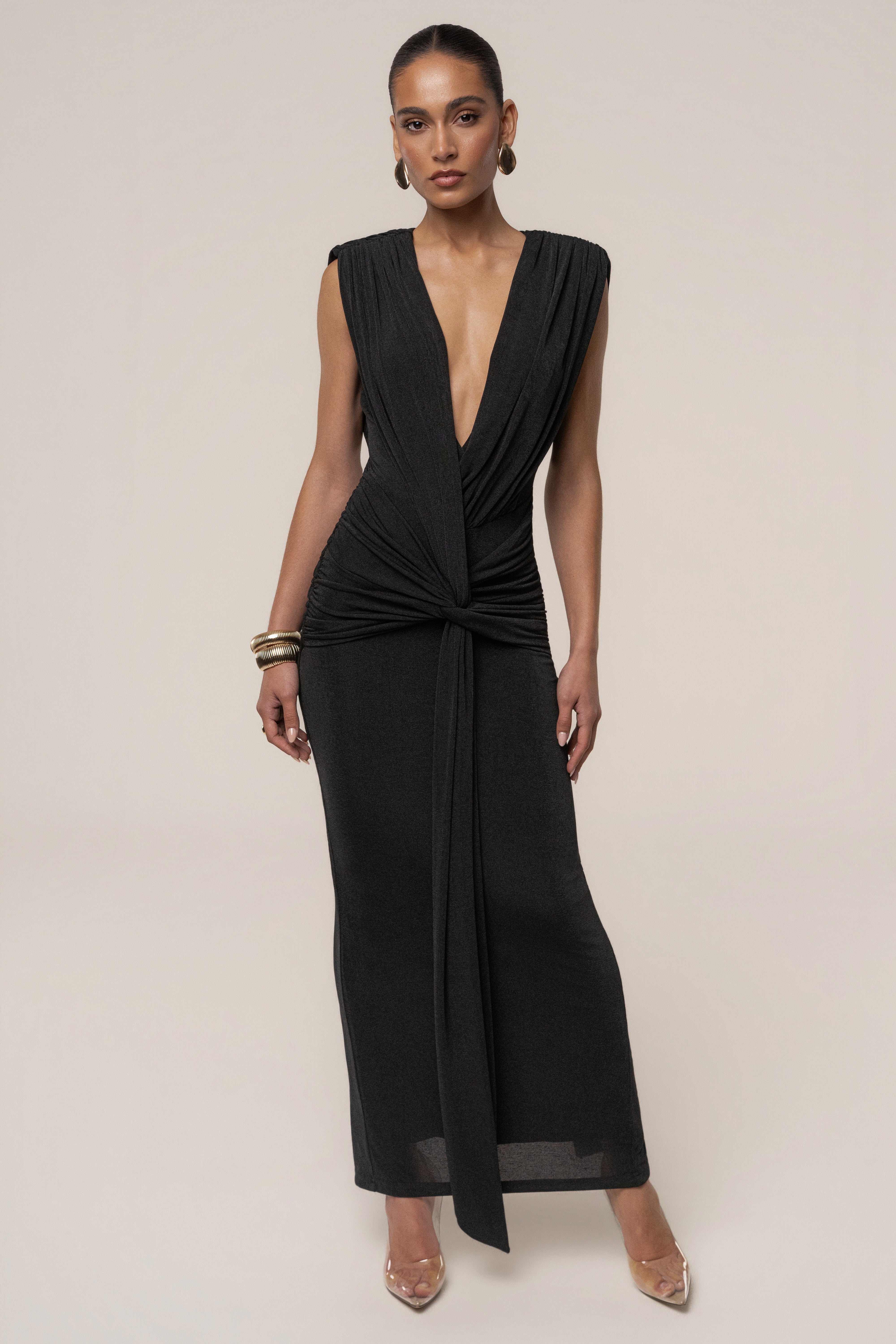 Black Palma Plunge Maxi Dress by JLUXLABEL, flowing fabric with a deep V neckline, perfect for elegant summer occasions.