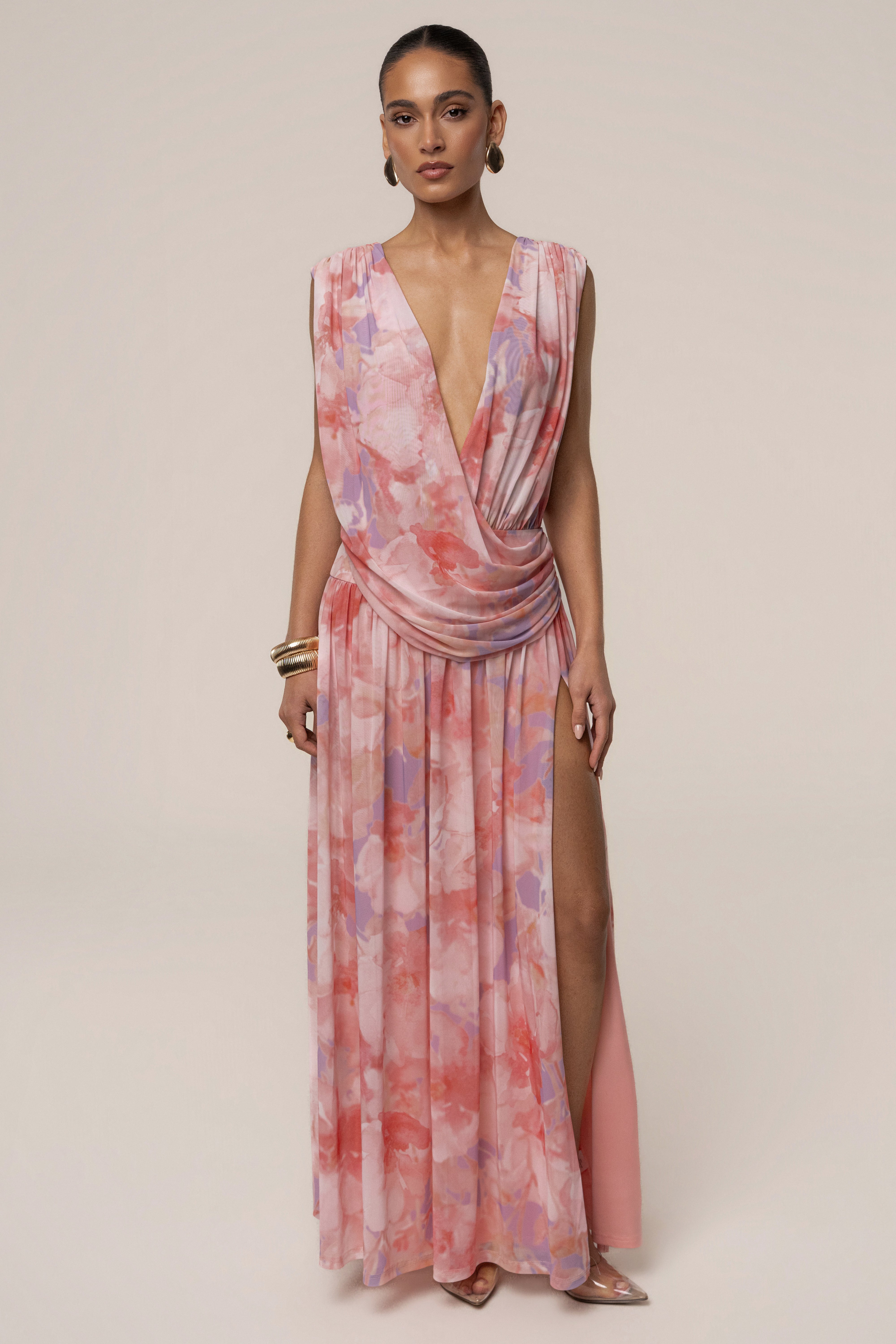 Pink Bloom Evening Flow draped maxi dress by JLUXLABEL, featuring a flowing design and elegant draping for special occasions.