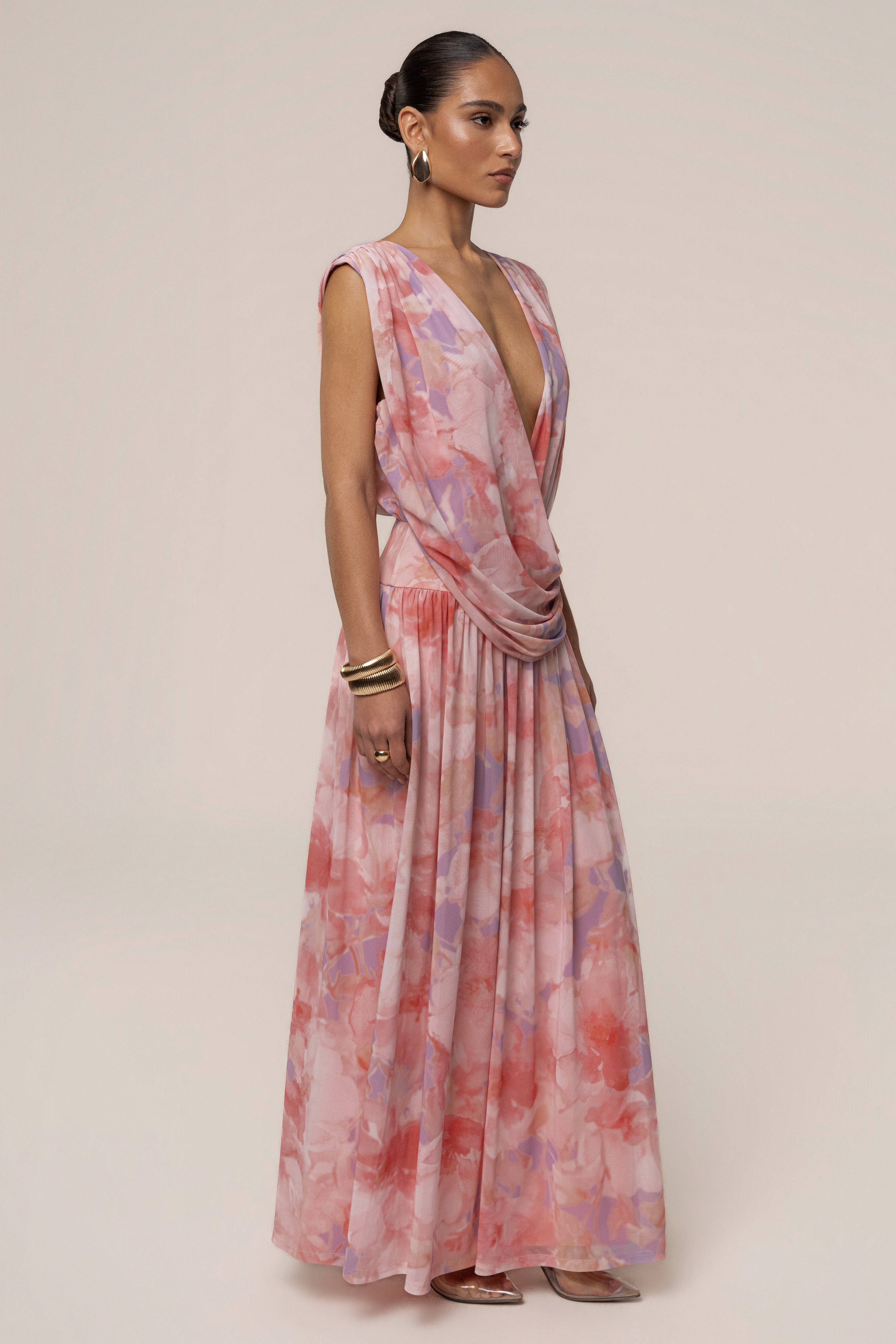Pink Bloom Evening Flow draped maxi dress by JLUXLABEL featuring a flowing silhouette and floral design, perfect for formal occasions.