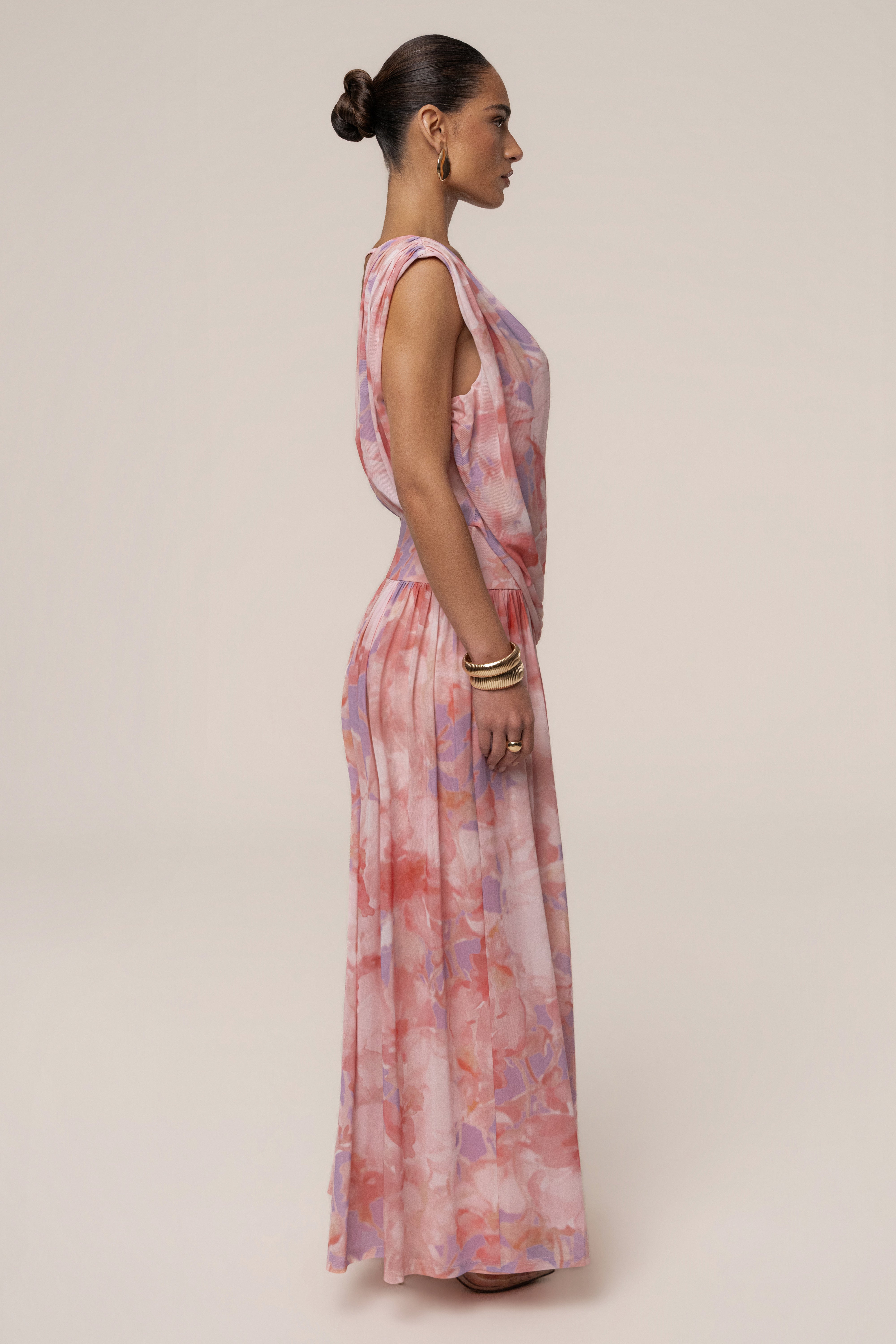 Pink Bloom evening flow draped maxi dress by JLUXLABEL, featuring a flowing silhouette and elegant draping for formal occasions.