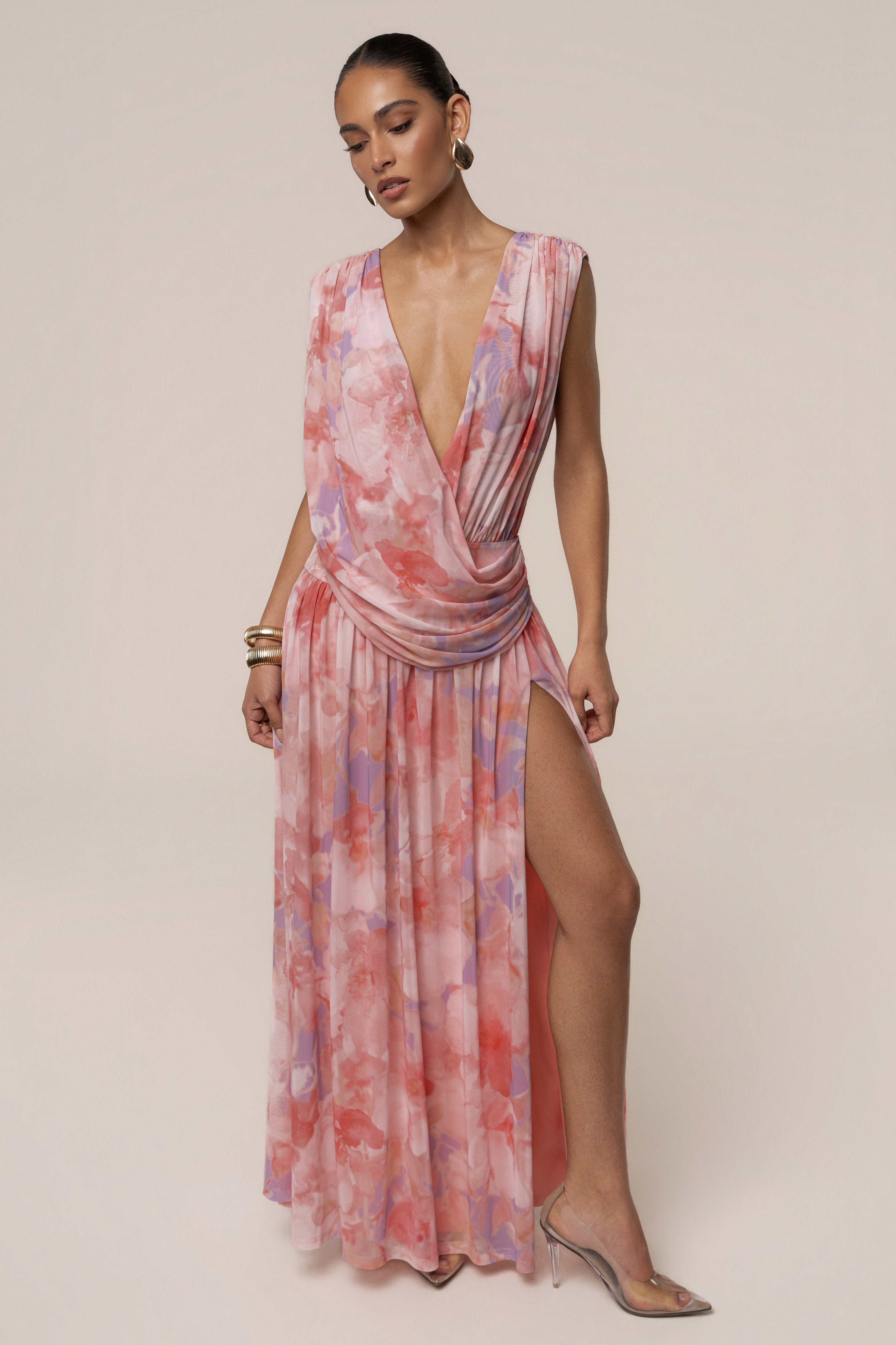 Pink Bloom Evening Flow Draped Maxi Dress by JLUXLABEL, showcasing a flowing, draped design with floral pink accents.