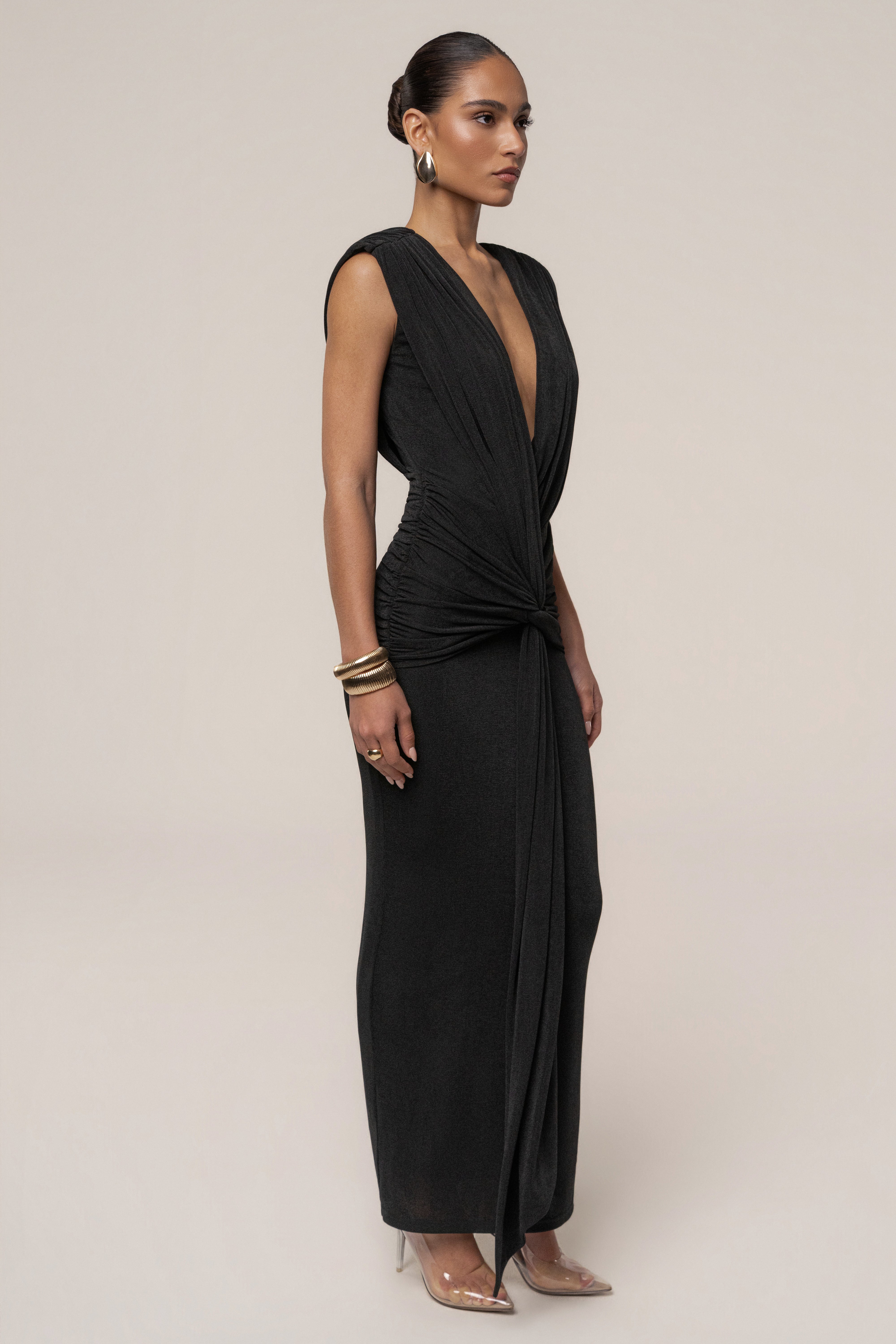 Black Palma Plunge Maxi Dress by JLUXLABEL, flowing maxi dress with deep neckline, sleeveless design, and elegant silhouette.