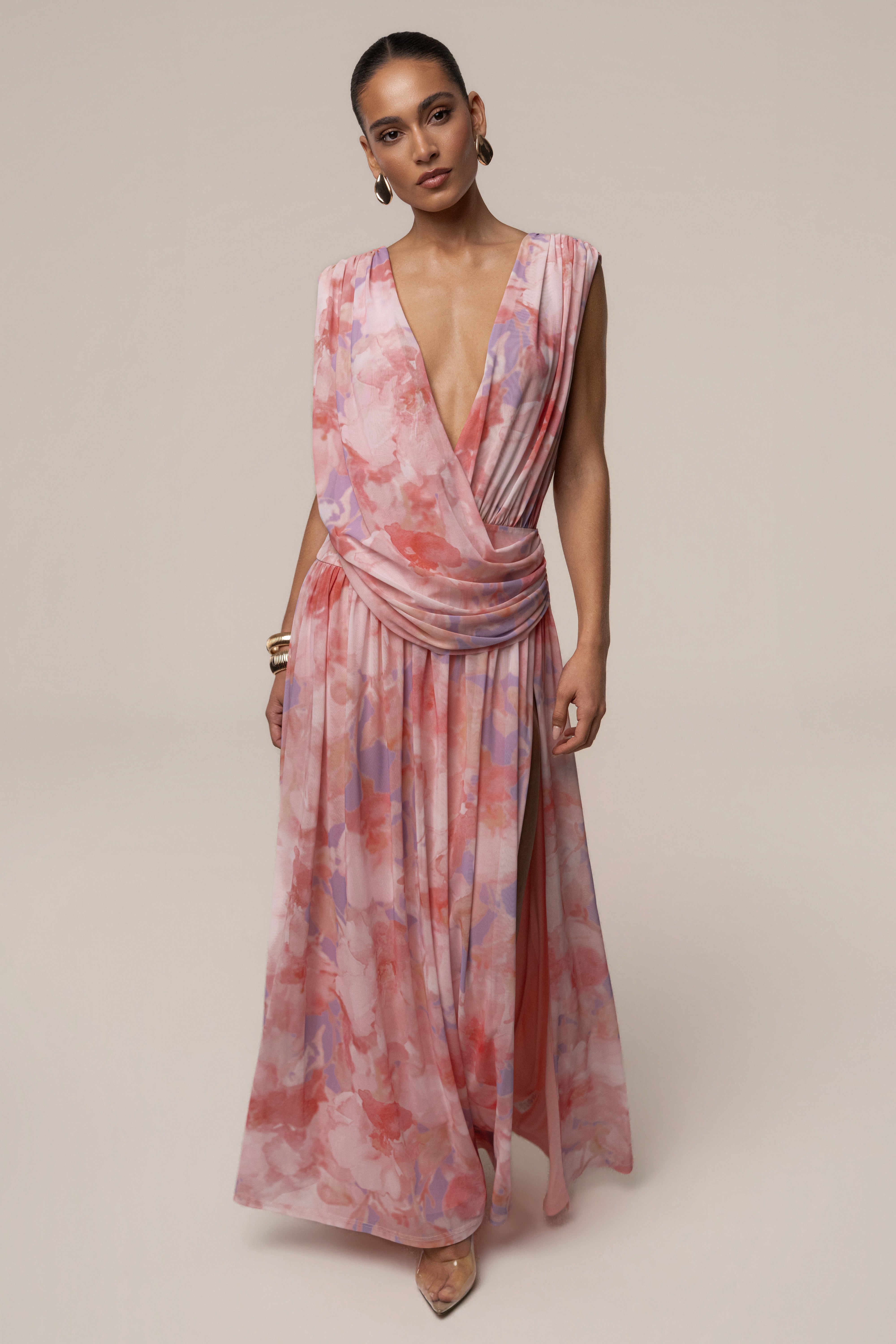Pink Bloom Evening Flow draped maxi dress by JLUXLABEL, featuring a romantic, flowing fabric and elegant draping for formal occasions.