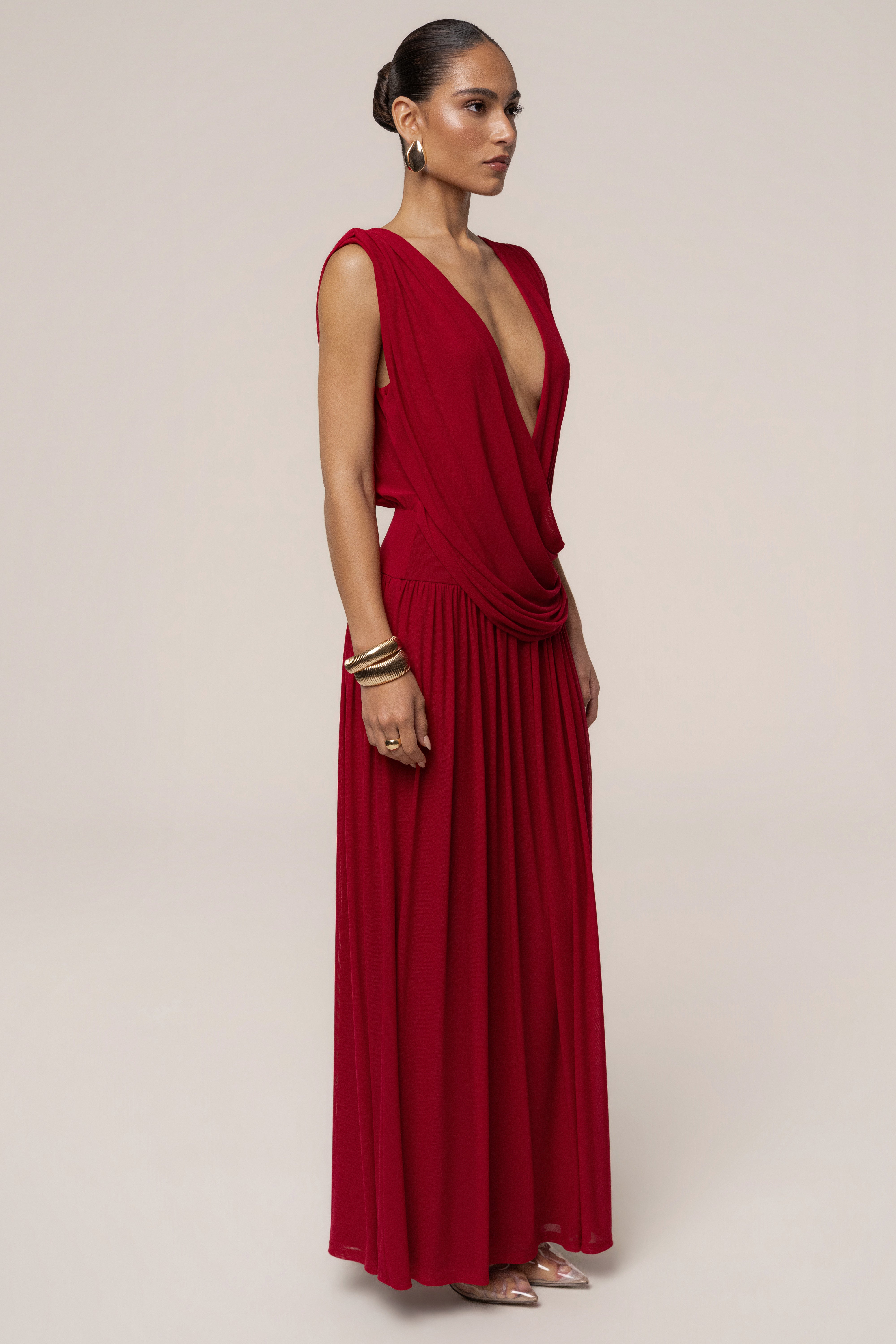 Red JLUXLABEL evening maxi dress with flowy draped design, elegant long gown for formal occasions.