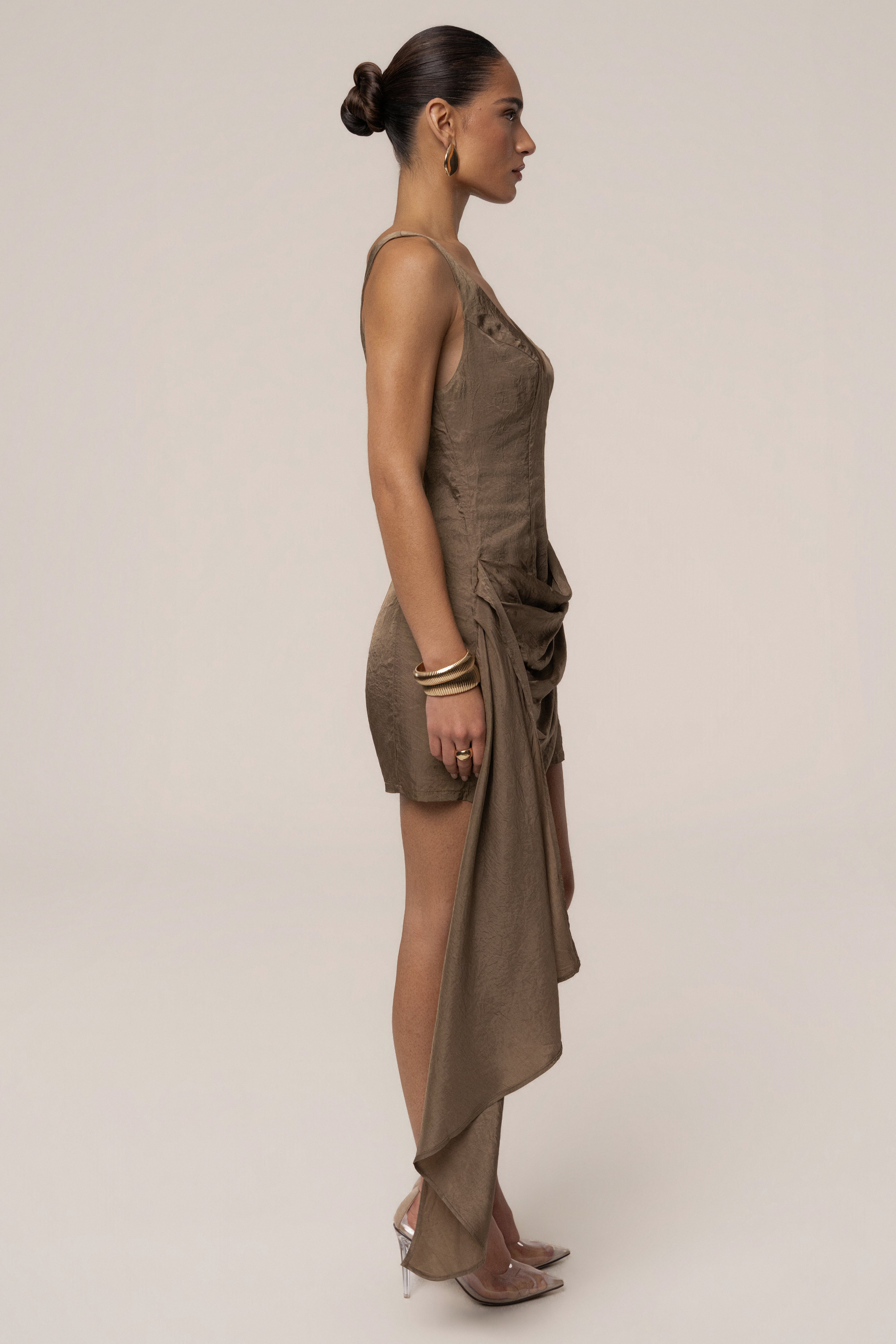 Brown and gold JLUXLABEL Passage mini dress with sleeveless design, fitted silhouette, and stylish detailing.