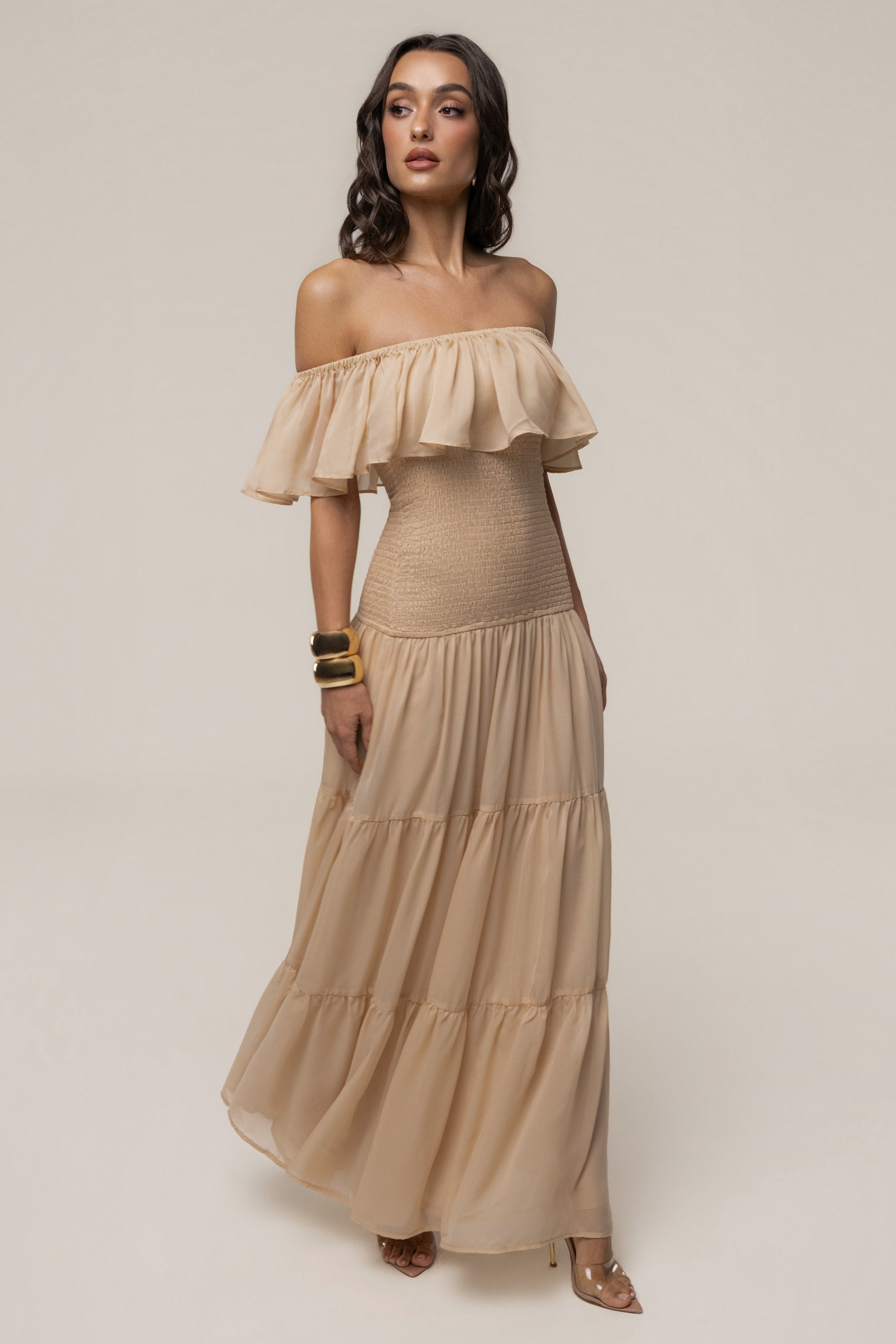 Sand-colored Seaside Drift Maxi Dress by JLUXLABEL, flowing fabric with a relaxed fit and beach-inspired style.