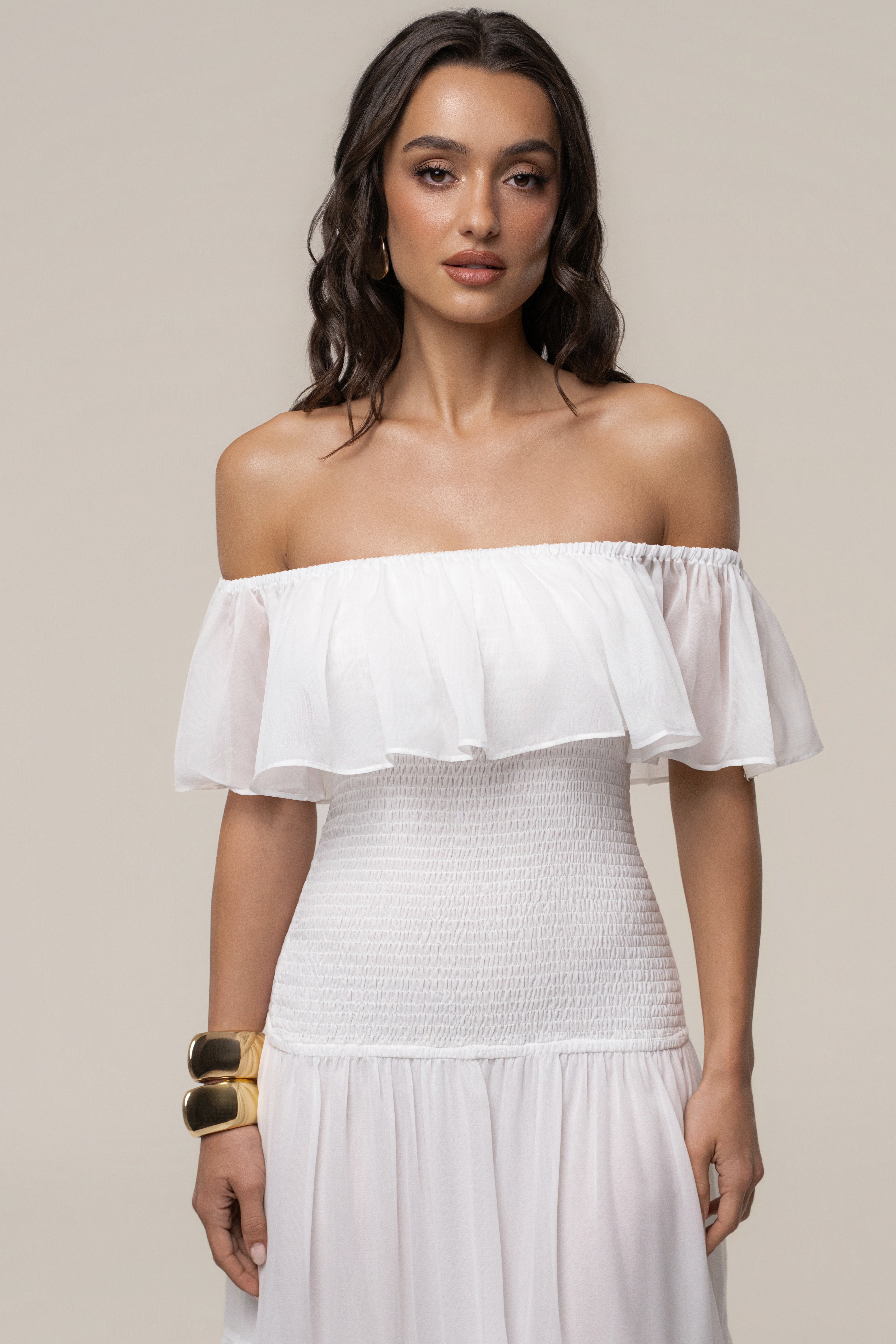 Ivory Seaside Drift Maxi Dress by JLUXLABEL, flowing fabric with a relaxed fit, perfect for summer beachwear or casual outings.