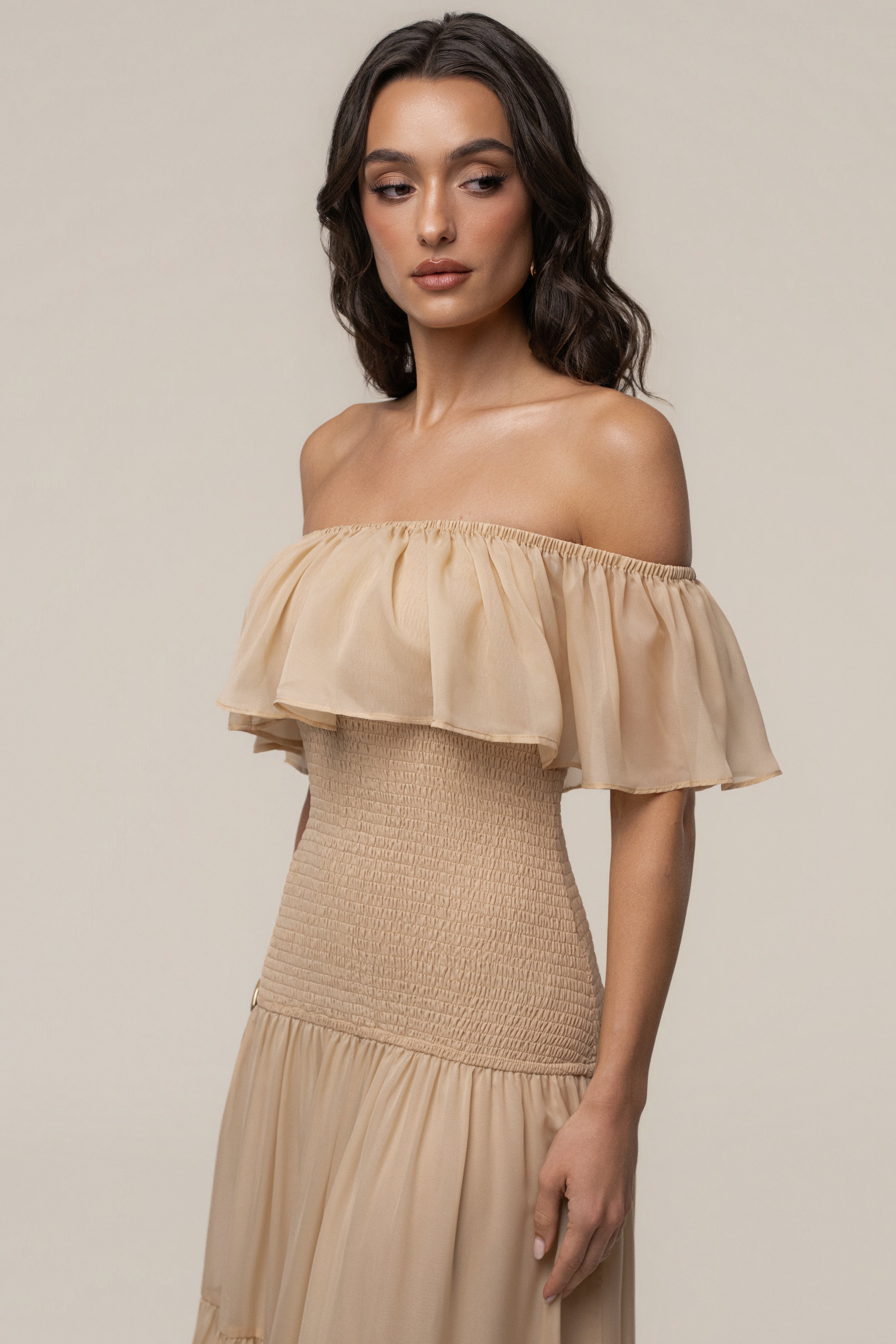 Sand Seaside Drift Maxi Dress by JLUXLABEL, flowing fabric with a relaxed fit and seaside-inspired design, perfect for summer days.