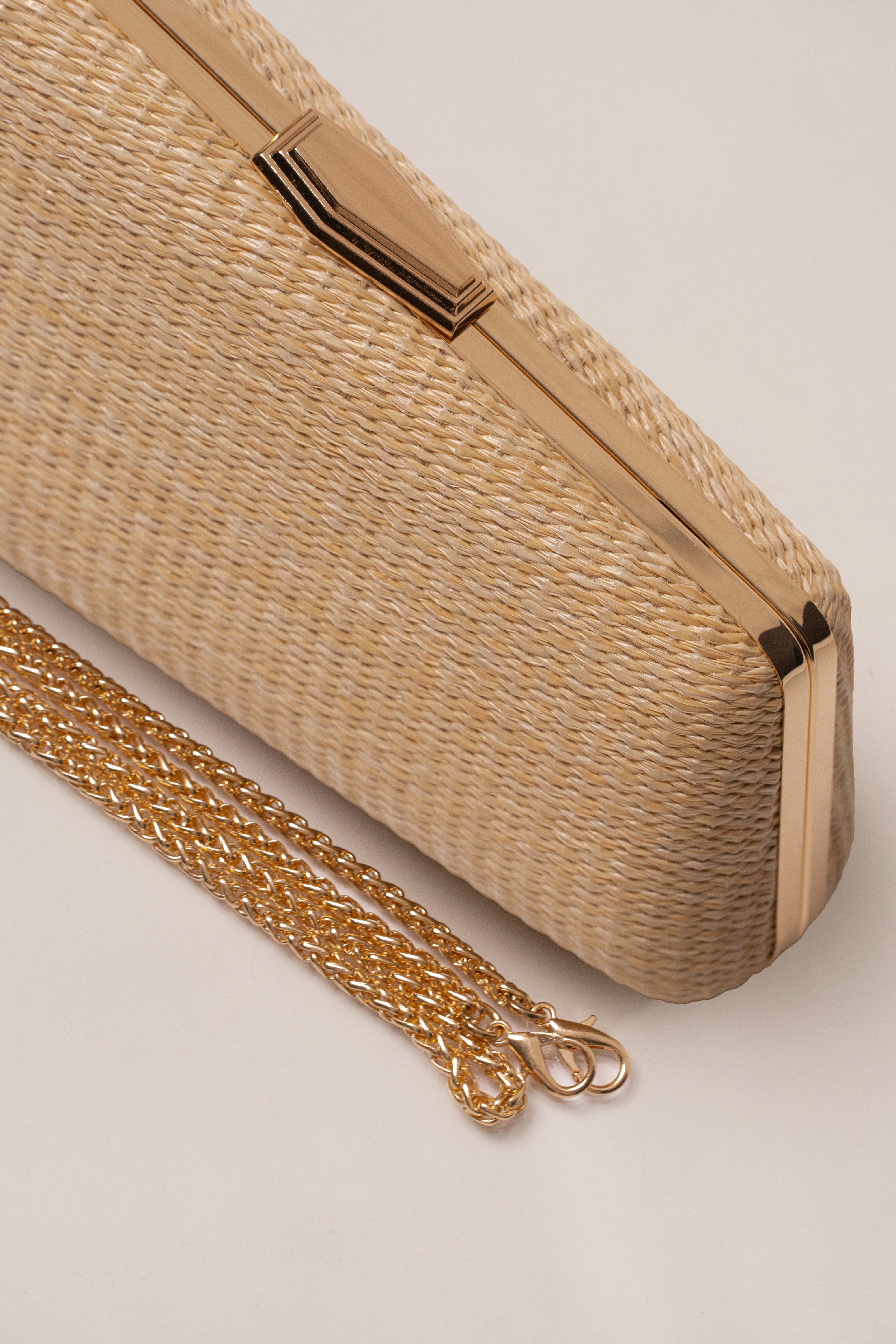 JLUXLABEL Natural Champagne Nights clutch bag with gold accents, elegant accessories for evening and special occasions.