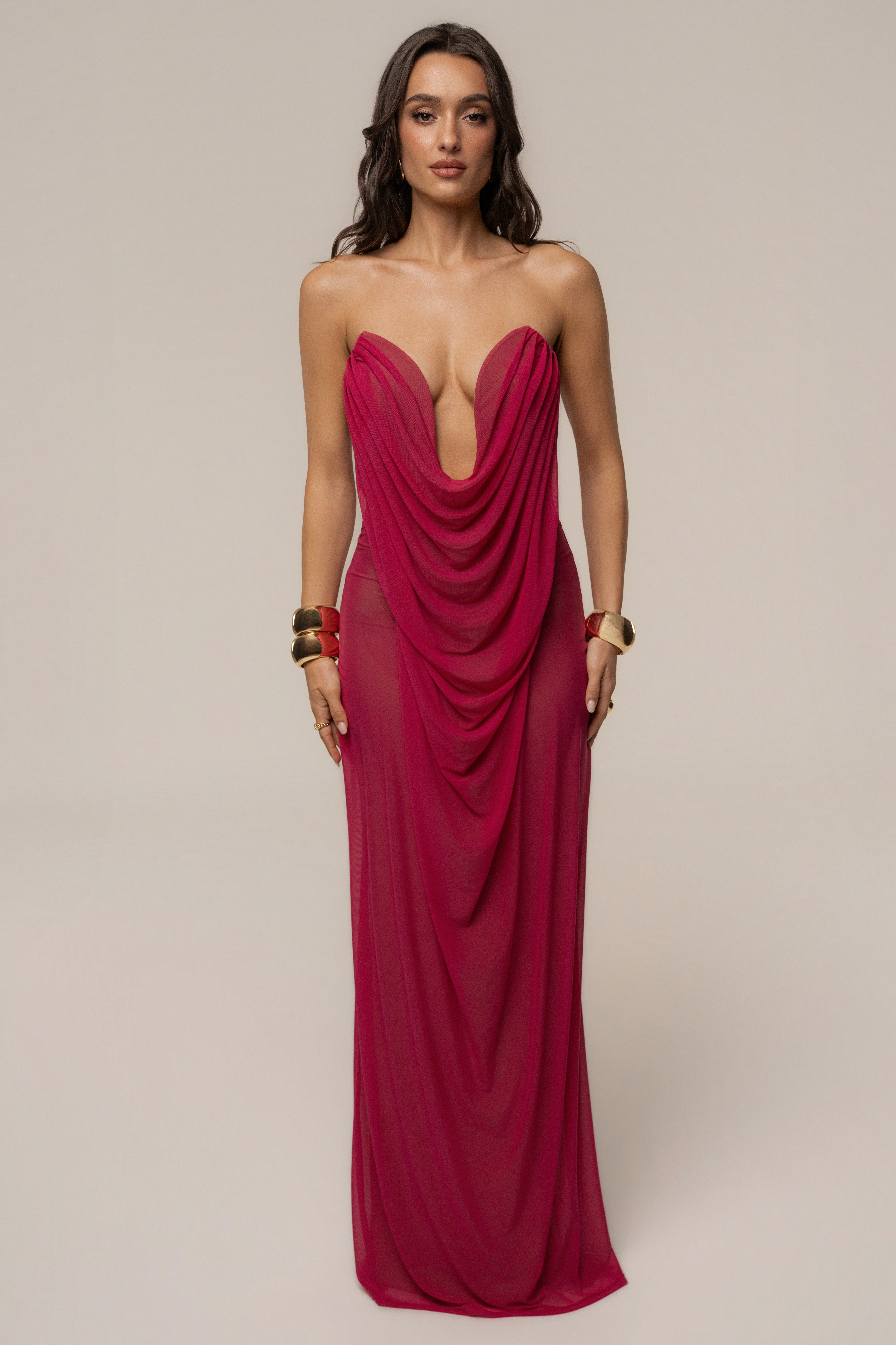 Fuchsia Siren Sculpted Mesh Dress by JLUXLABEL featuring fitted silhouette and intricate mesh design.