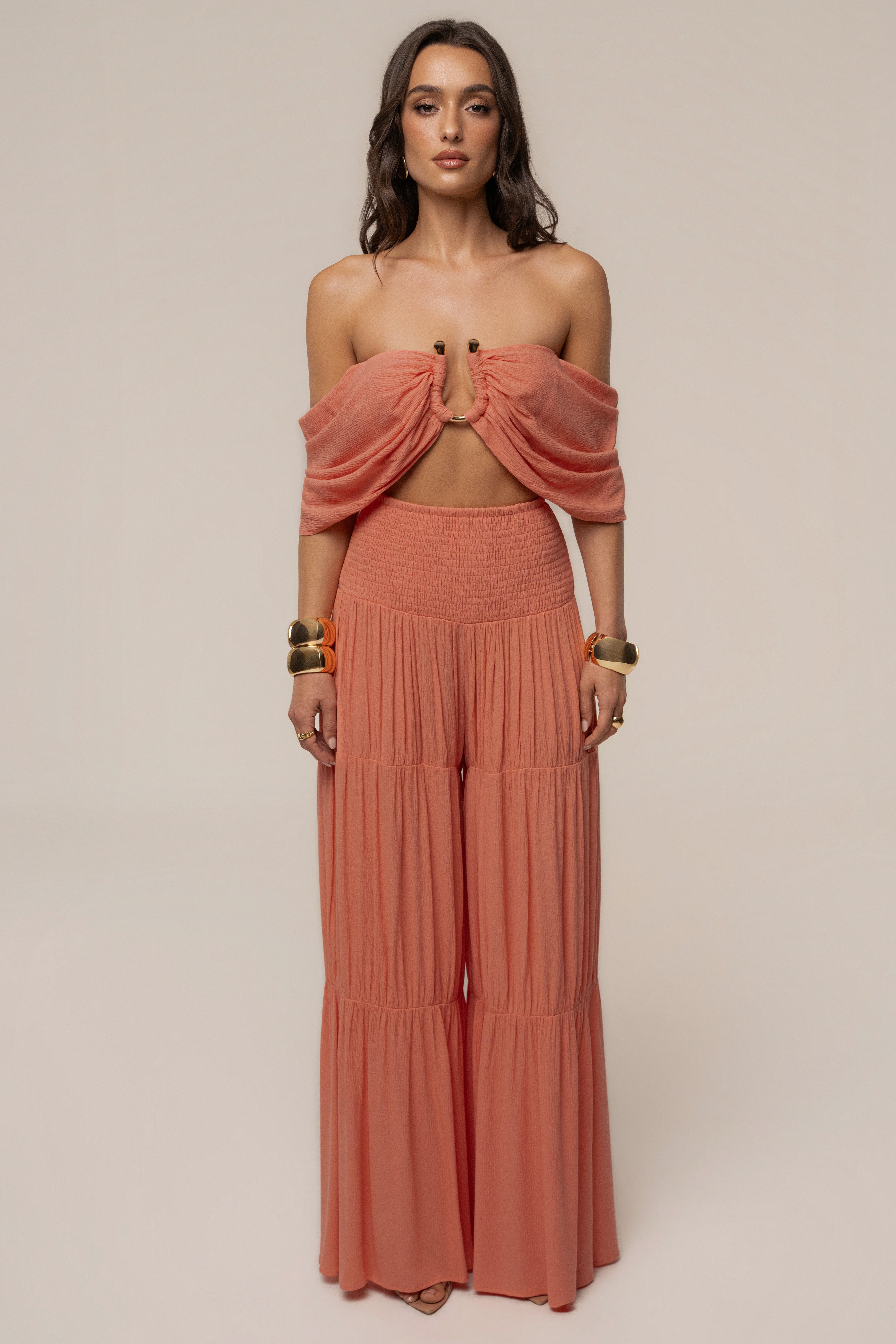 JLUXLABEL Peach Hidden Gems tier pant set with layered, flowy fabric and elastic waist for a stylish, comfortable look.