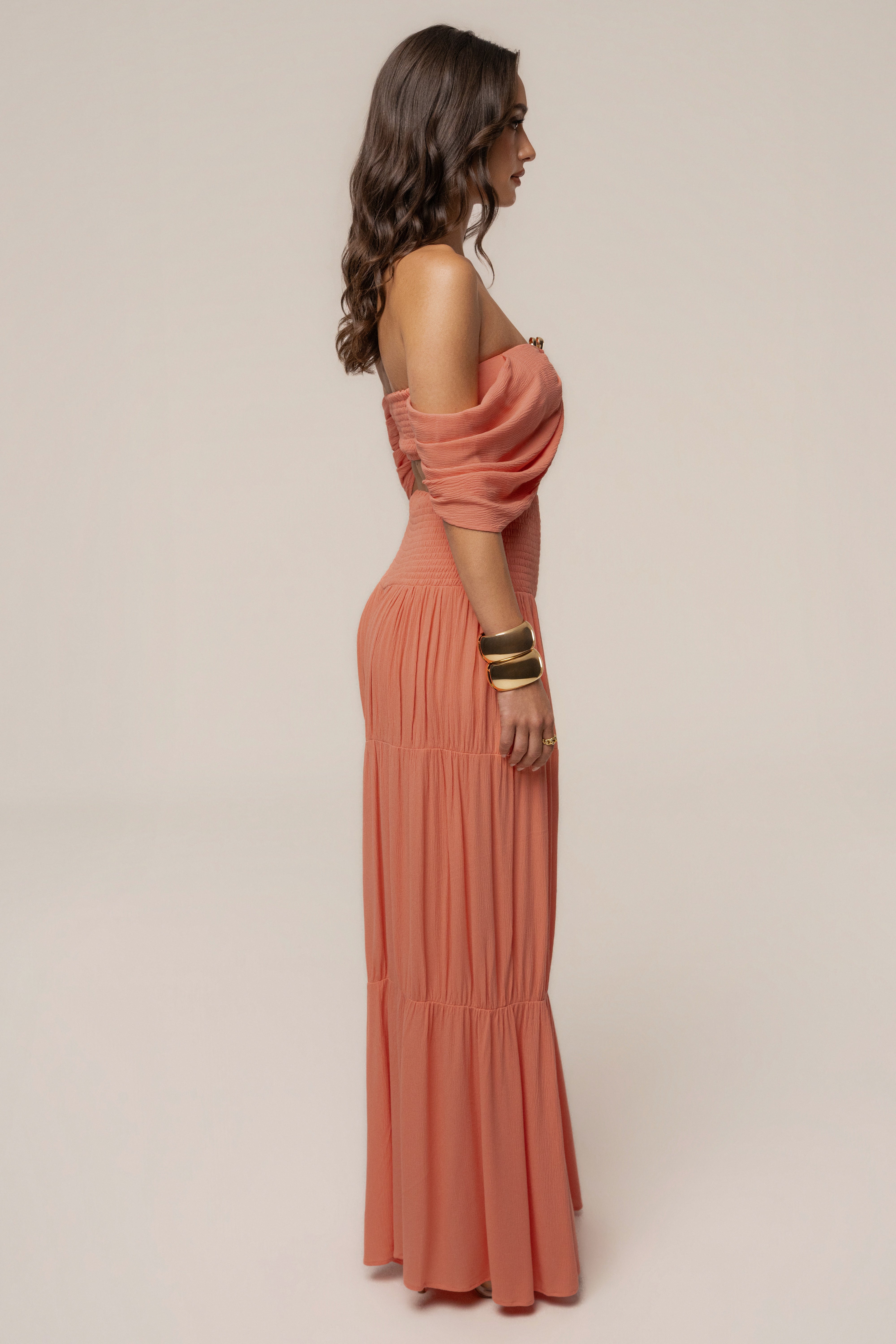 JLUXLABEL Peach Hidden Gems tier pant set featuring layered fabric and relaxed fit, perfect for stylish casual wear.